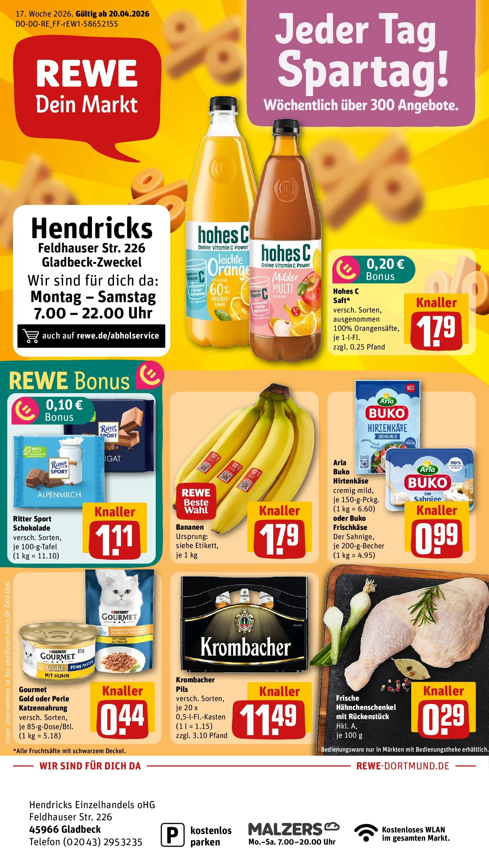 REWE Prospekt ab 20.04.2026 zum Blättern » Angebote | Seite: 1 | Produkte: Ritter sport, Krombacher, Telefon, Uhr