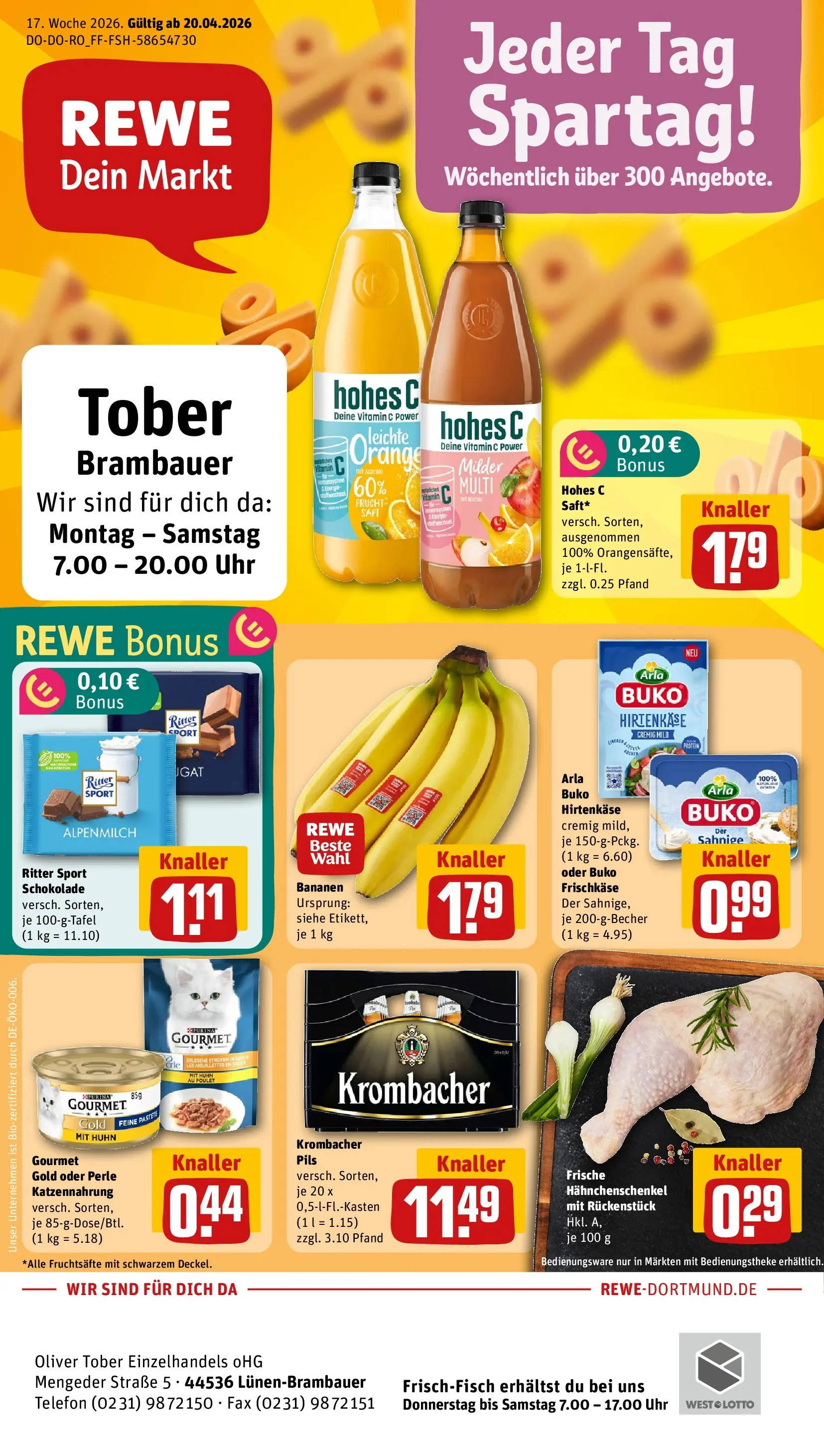 REWE Prospekt ab 20.04.2026 zum Blättern » Angebote | Seite: 1 | Produkte: Schokolade, Bananen, Krombacher, Uhr