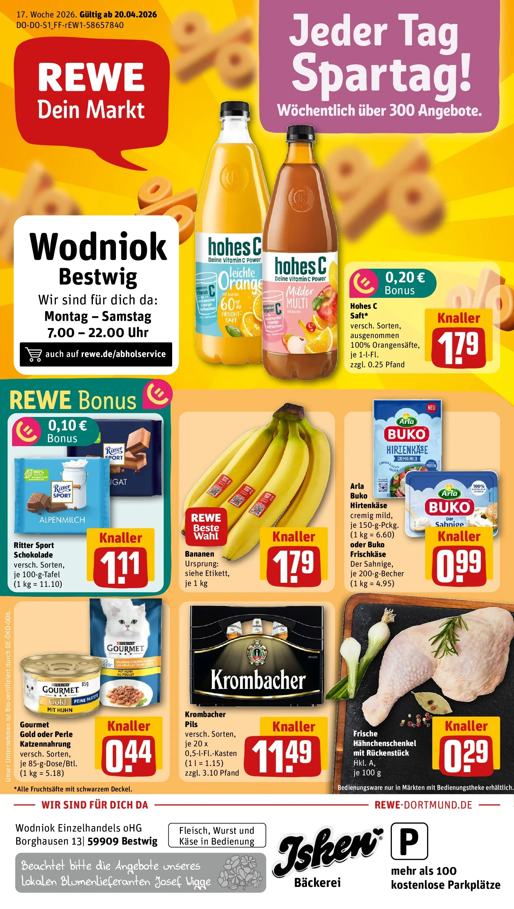 REWE Prospekt ab 20.04.2026 zum Blättern » Angebote | Seite: 1 | Produkte: Bäckerei, Hahnchenschenkel, Pils, Bananen