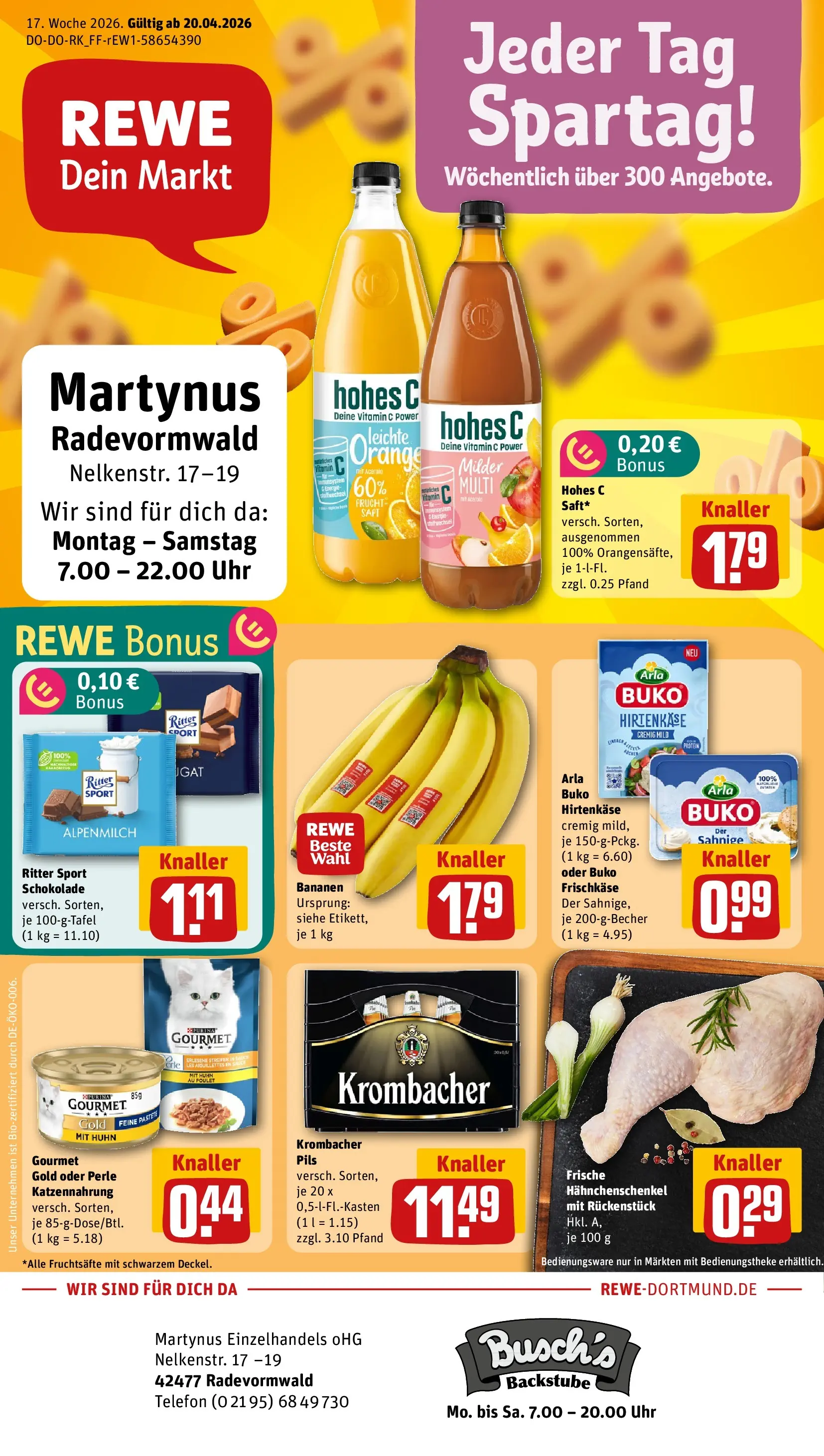 REWE Prospekt ab 20.04.2026 zum Blättern » Angebote | Seite: 1 | Produkte: Ritter sport, Pils, Bananen, Krombacher