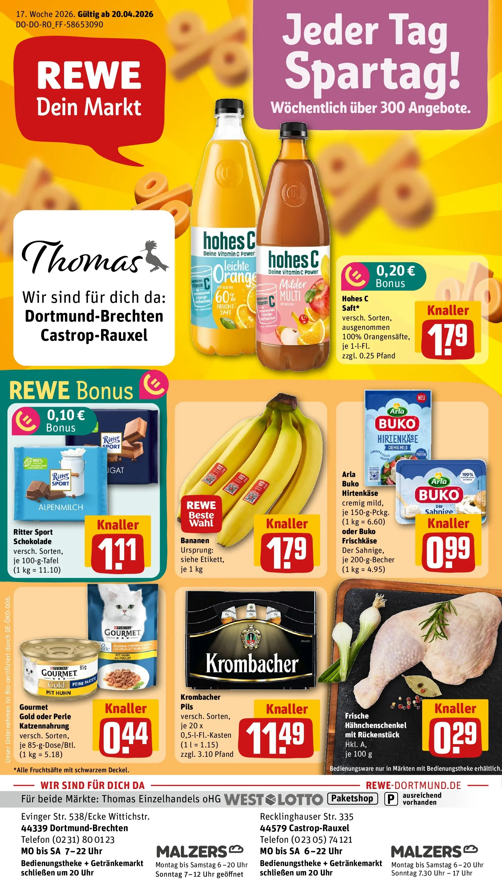 REWE Prospekt ab 20.04.2026 zum Blättern » Angebote | Seite: 1 | Produkte: Bananen, Arla buko, Hohes c, Frischkase