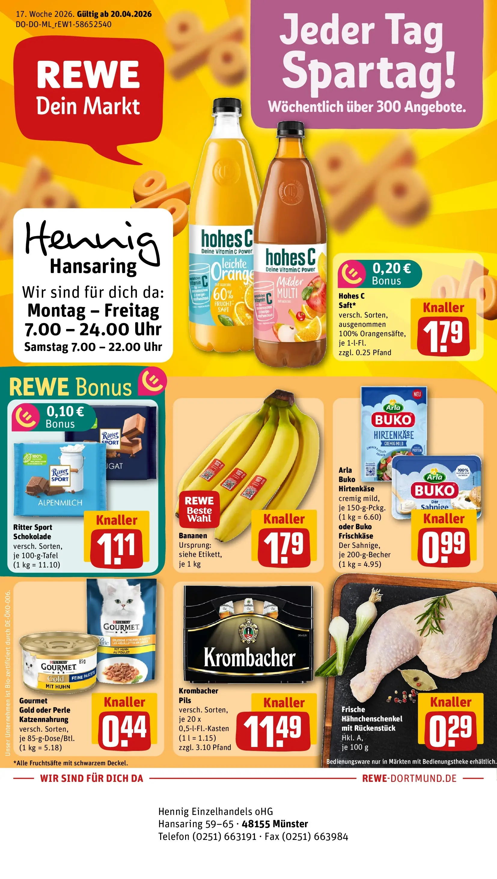 REWE Prospekt ab 20.04.2026 zum Blättern » Angebote | Seite: 1 | Produkte: Ritter sport, Bananen, Hohes c, Telefon