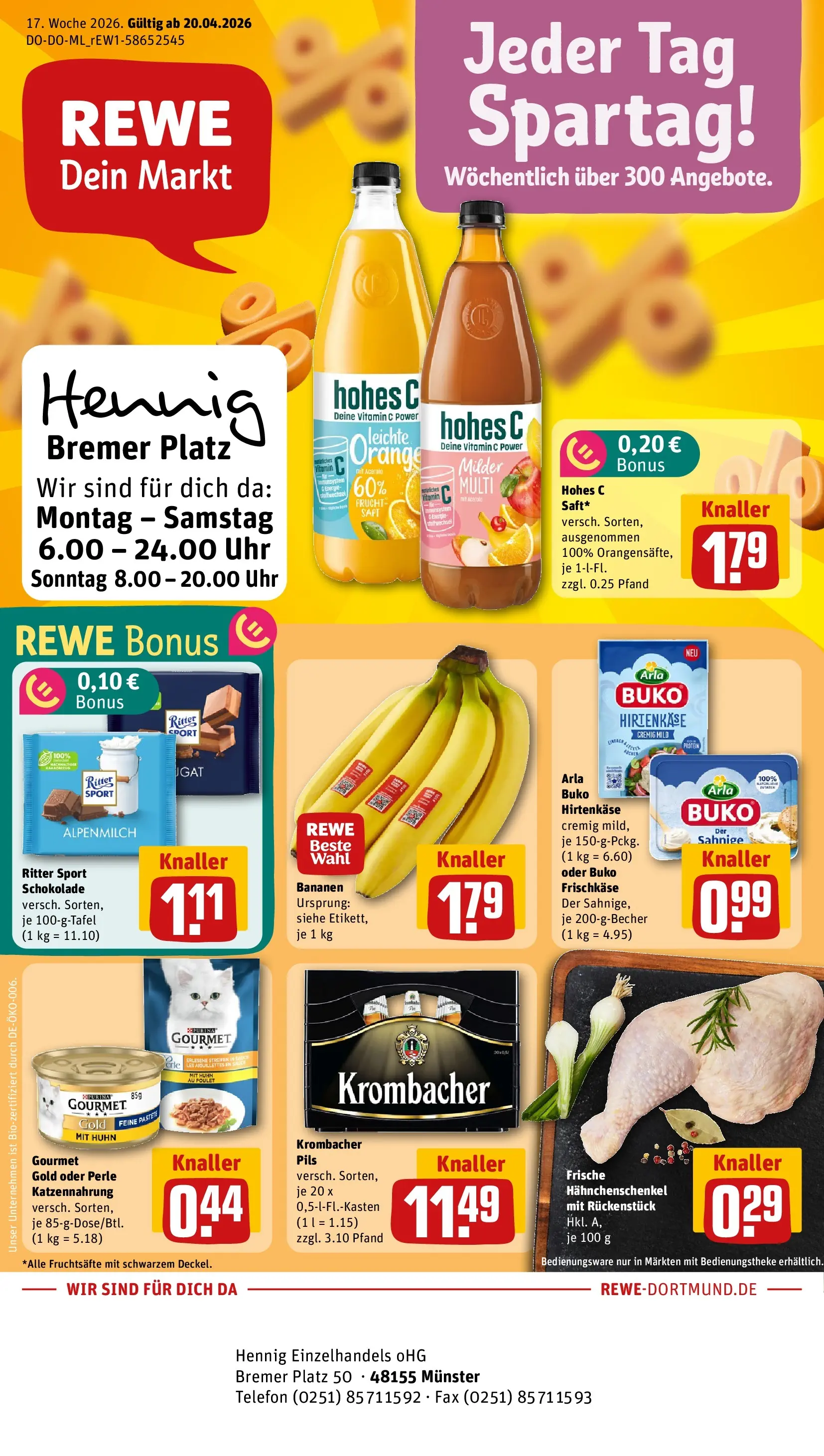 REWE Prospekt ab 20.04.2026 zum Blättern » Angebote | Seite: 1 | Produkte: Schokolade, Bananen, Hohes c, Uhr