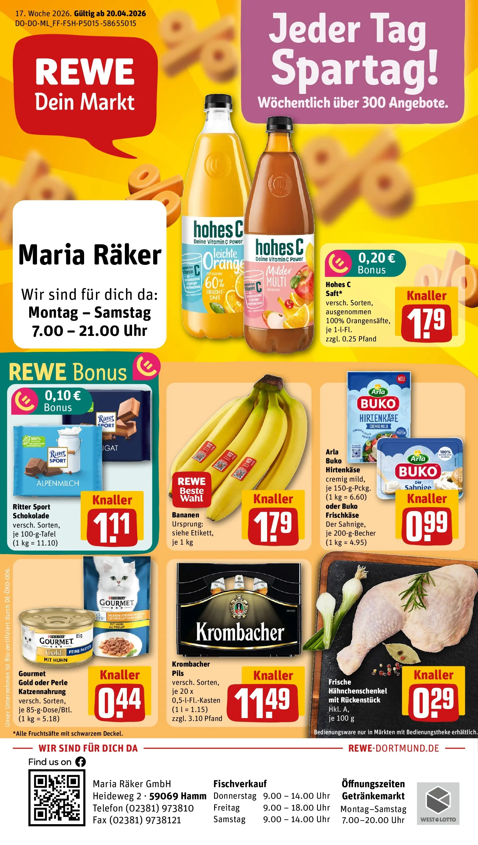 REWE Prospekt ab 20.04.2026 zum Blättern » Angebote | Seite: 1 | Produkte: Hahnchenschenkel, Bananen, Krombacher, Frischkase
