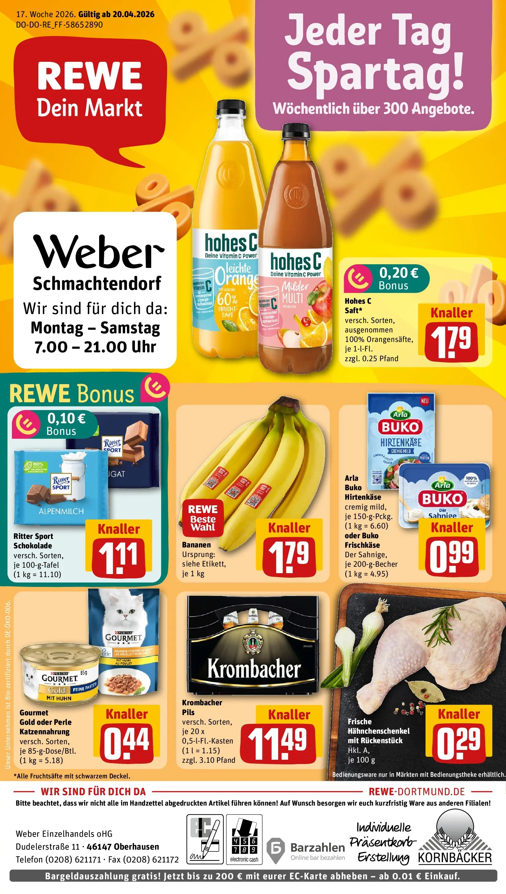 REWE Prospekt ab 20.04.2026 zum Blättern » Angebote | Seite: 1 | Produkte: Hahnchenschenkel, Schokolade, Pils, Bananen