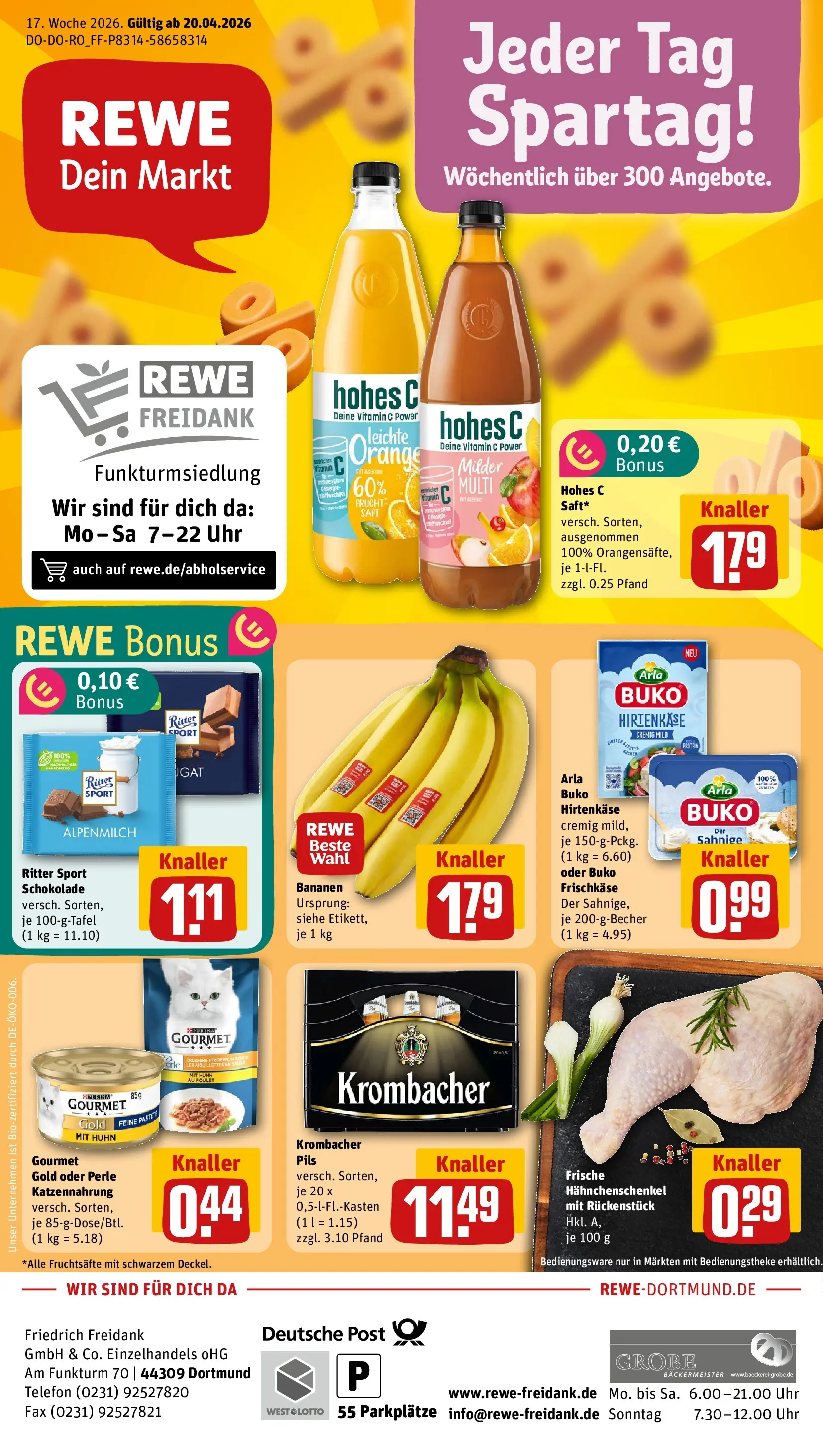 REWE Prospekt ab 20.04.2026 zum Blättern » Angebote | Seite: 1 | Produkte: Hahnchenschenkel, Ritter sport, Uhr, Frischkase