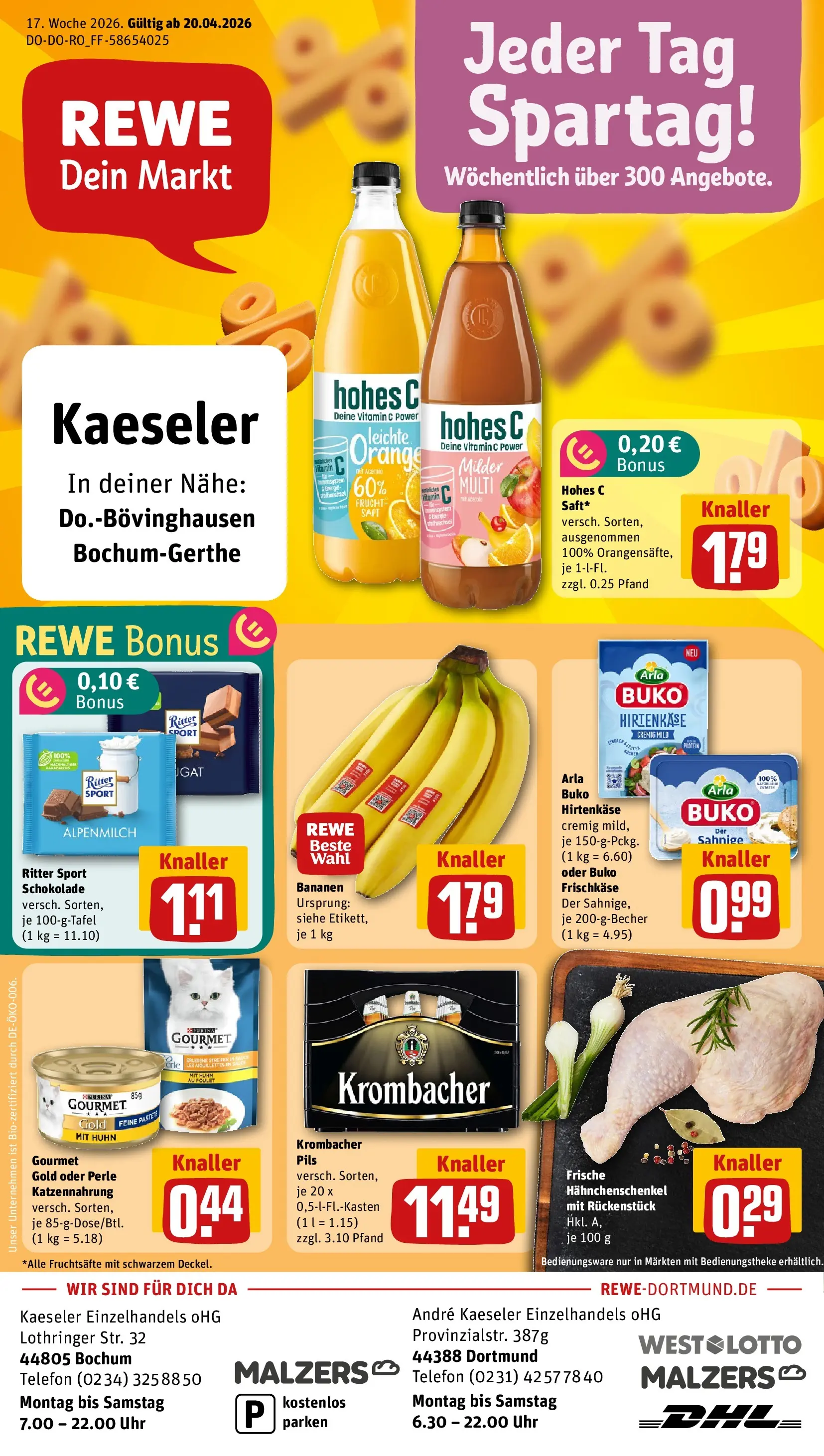 REWE Prospekt ab 20.04.2026 zum Blättern » Angebote | Seite: 1 | Produkte: Hahnchenschenkel, Ritter sport, Bananen, Kuchen