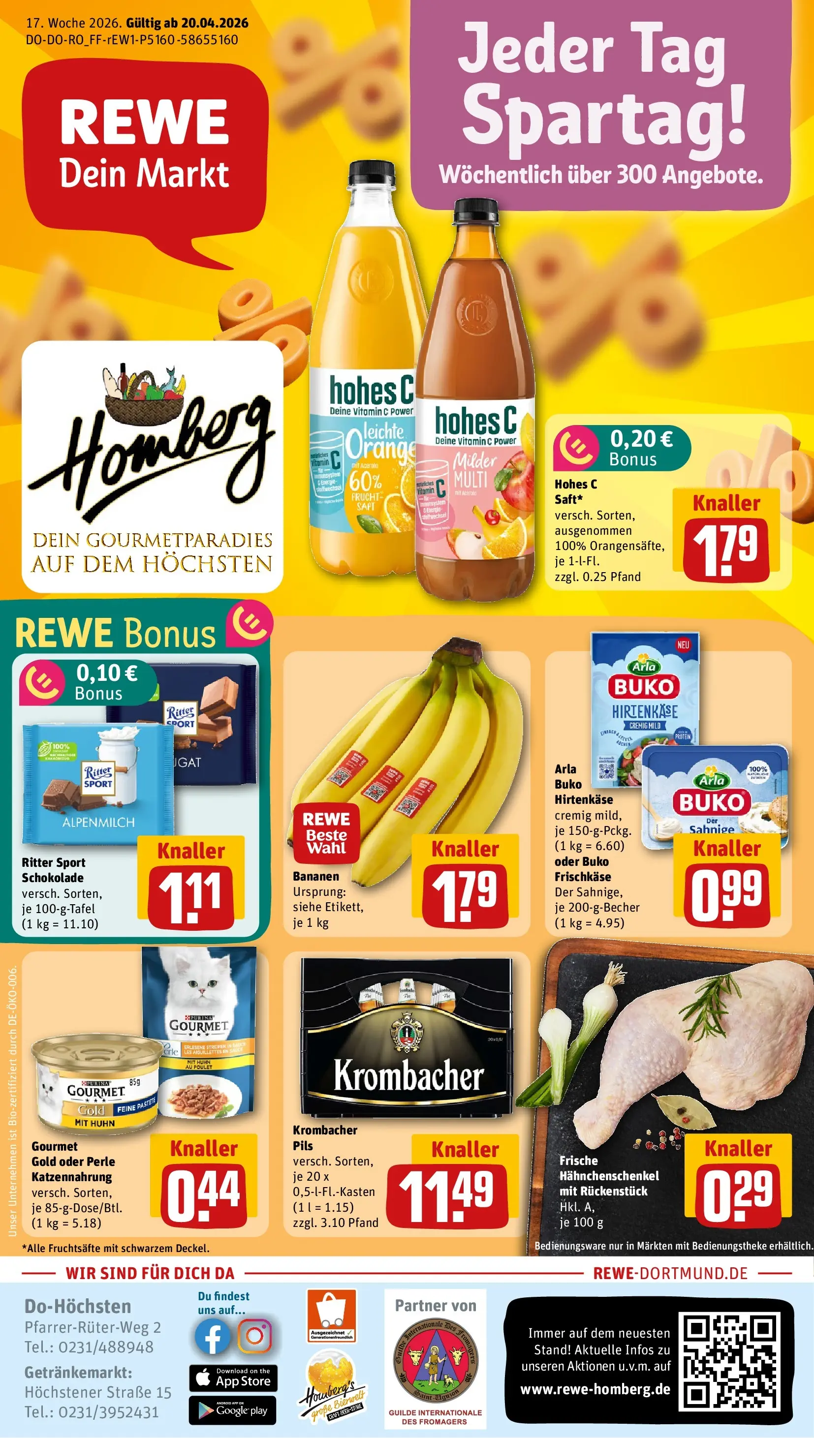 REWE Prospekt ab 20.04.2026 zum Blättern » Angebote | Seite: 1 | Produkte: Ritter sport, Pils, Hohes c, Frischkase