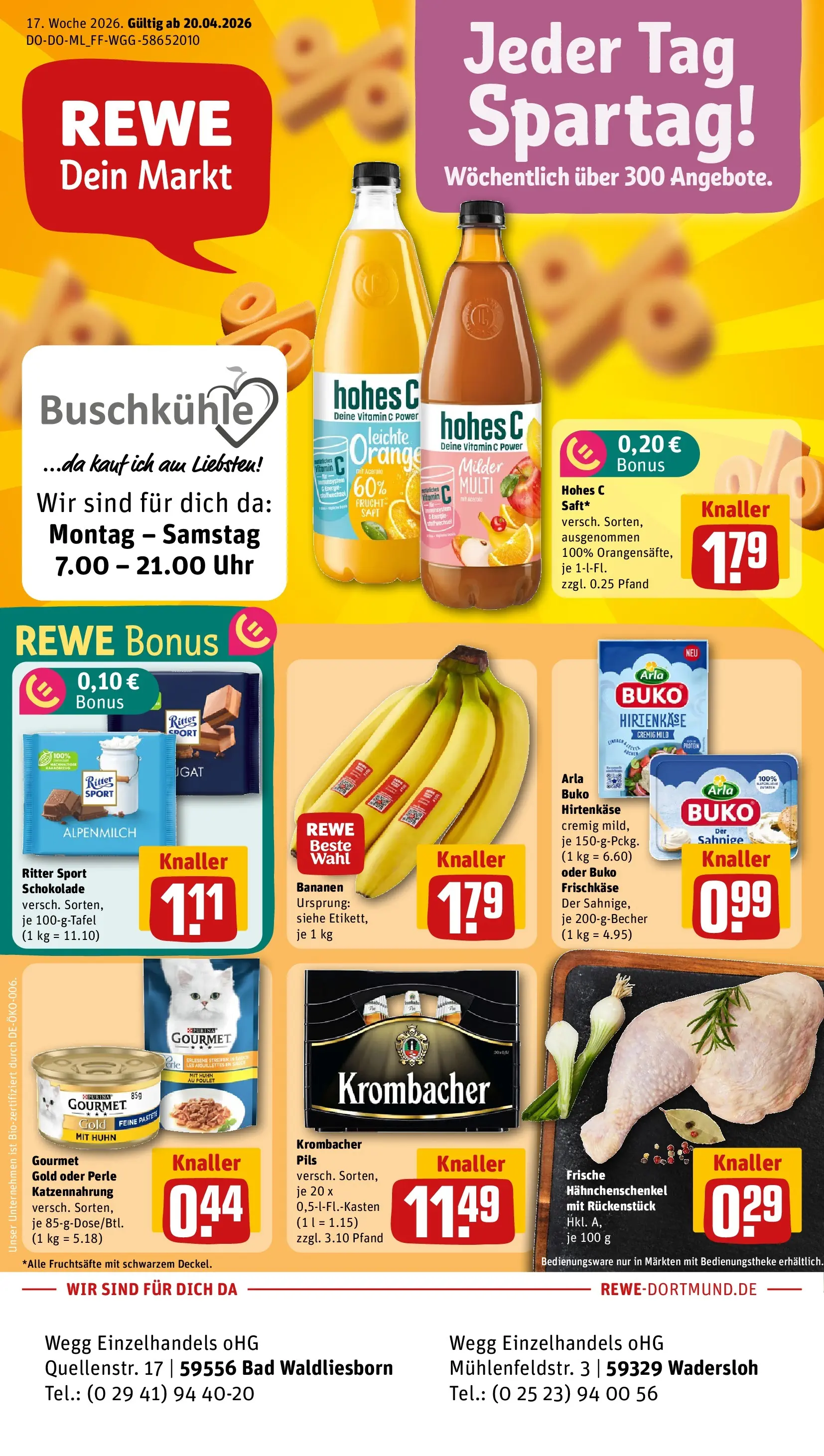 REWE Prospekt ab 20.04.2026 zum Blättern » Angebote | Seite: 1 | Produkte: Schokolade, Arla buko, Uhr, Frischkase