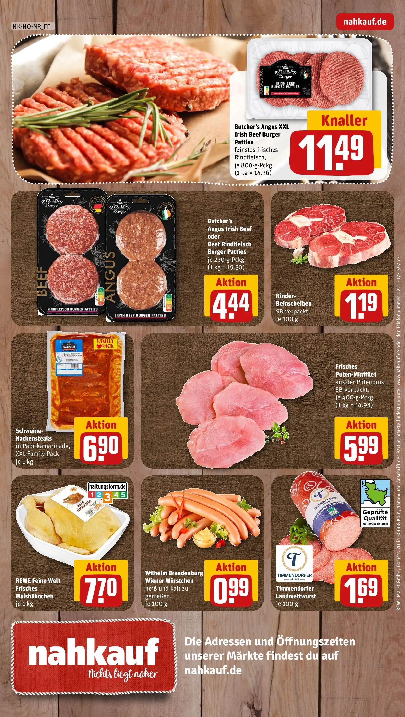 REWE Prospekt ab 20.04.2026 zum Blättern » Angebote | Seite: 8 | Produkte: Nackensteaks, Wiener wurstchen, Burger, Rindfleisch