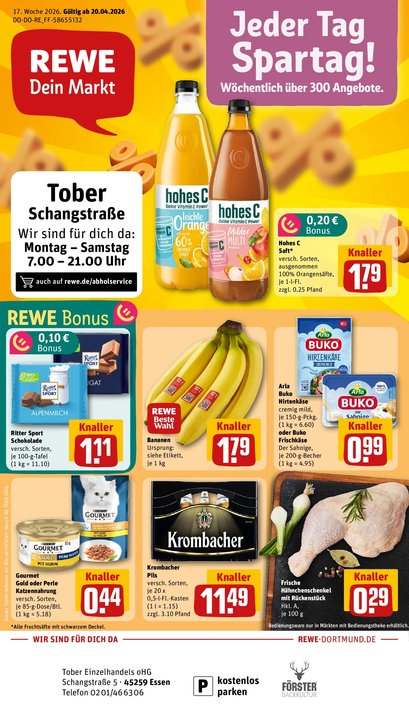 REWE Prospekt ab 20.04.2026 zum Blättern » Angebote | Seite: 1 | Produkte: Hahnchenschenkel, Pils, Bananen, Frischkase