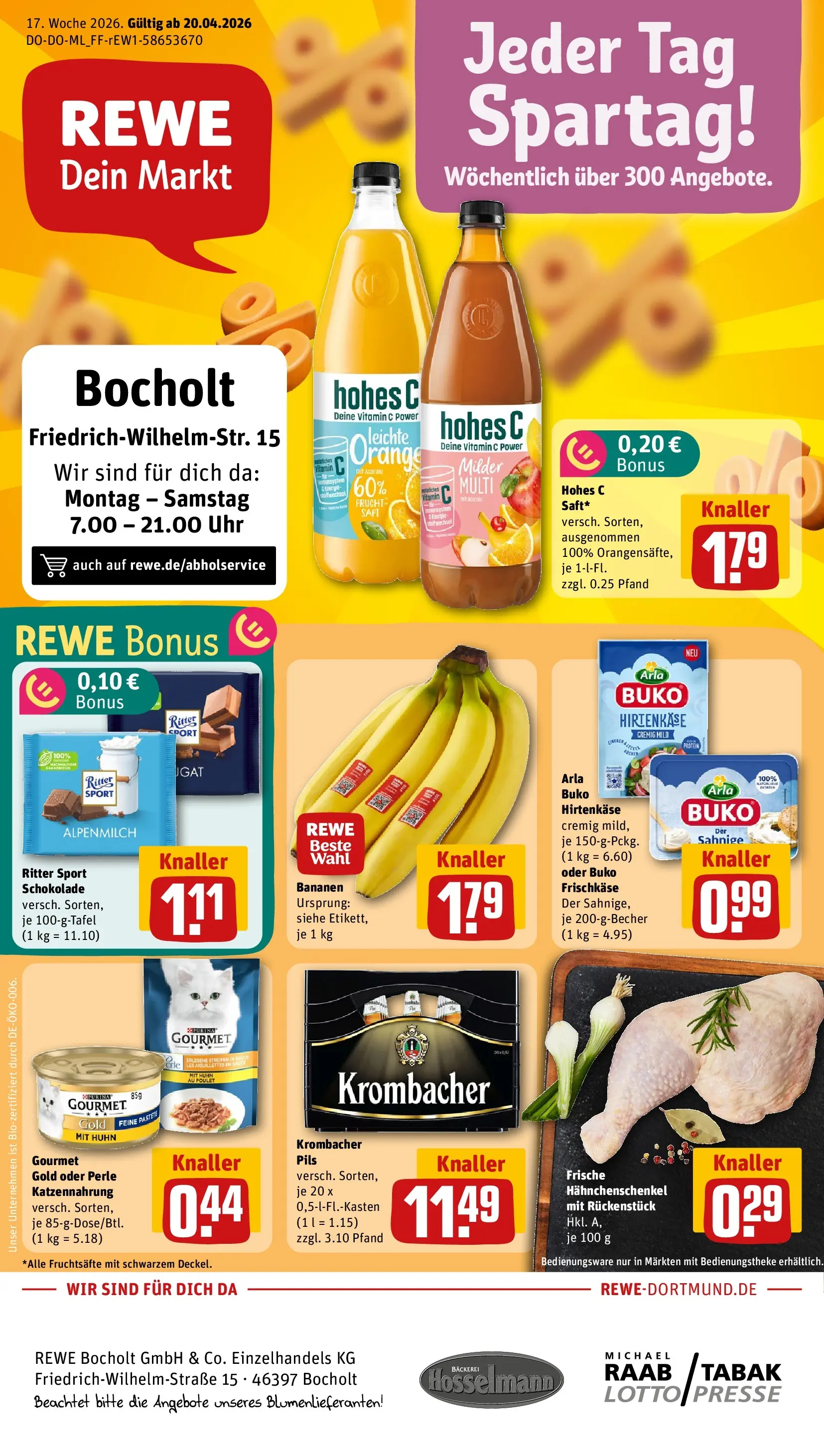 REWE Prospekt ab 20.04.2026 zum Blättern » Angebote | Seite: 1 | Produkte: Ritter sport, Arla buko, Krombacher, Hohes c