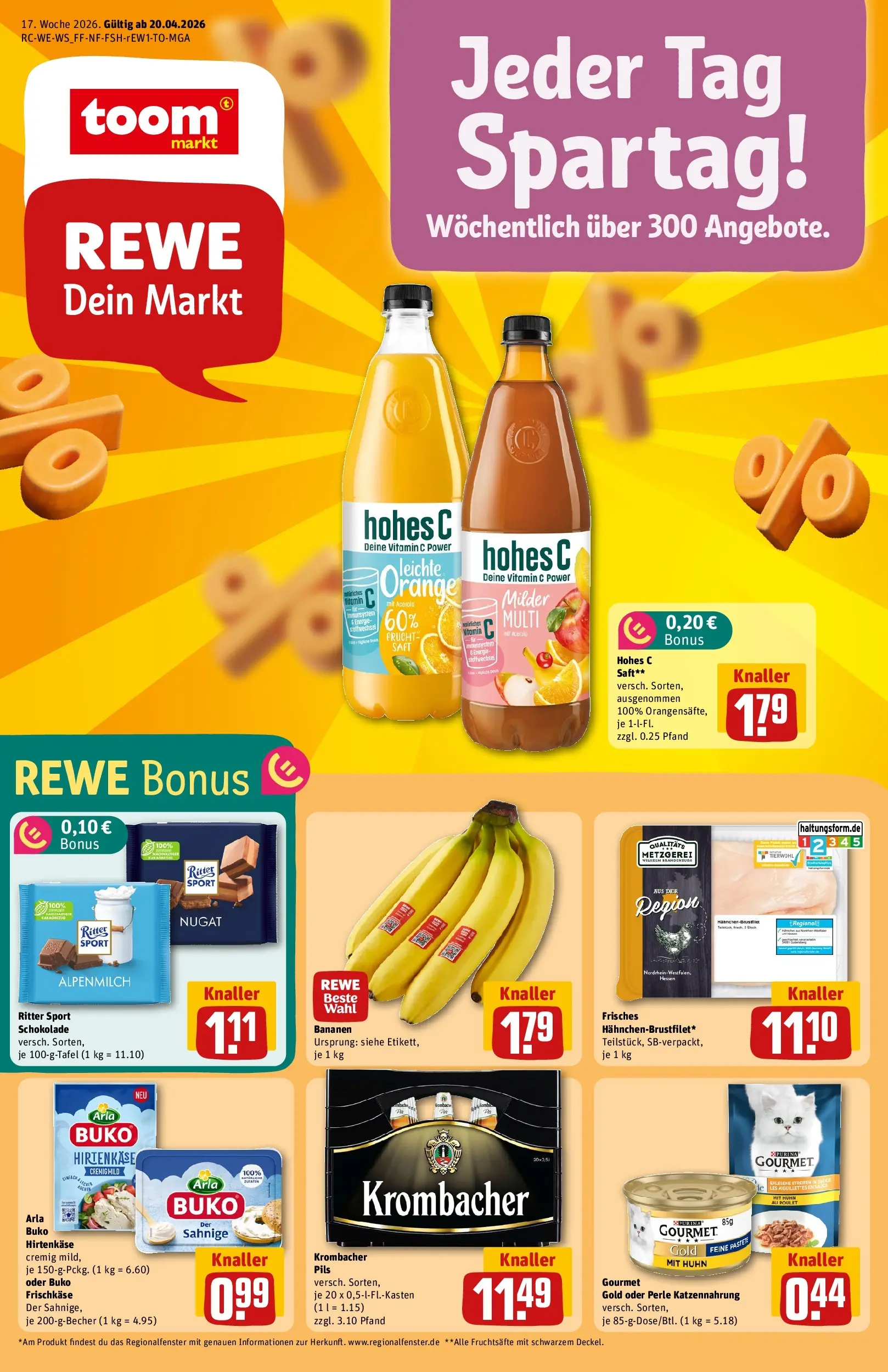 REWE Prospekt ab 20.04.2026 zum Blättern » Angebote | Seite: 1 | Produkte: Schokolade, Bananen, Krombacher, Frischkase