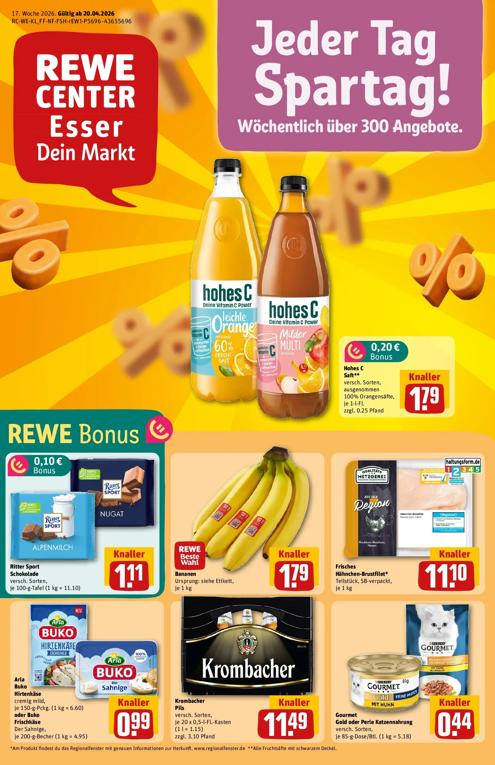 REWE Prospekt ab 20.04.2026 zum Blättern » Angebote | Seite: 1 | Produkte: Schokolade, Bananen, Arla buko, Frischkase