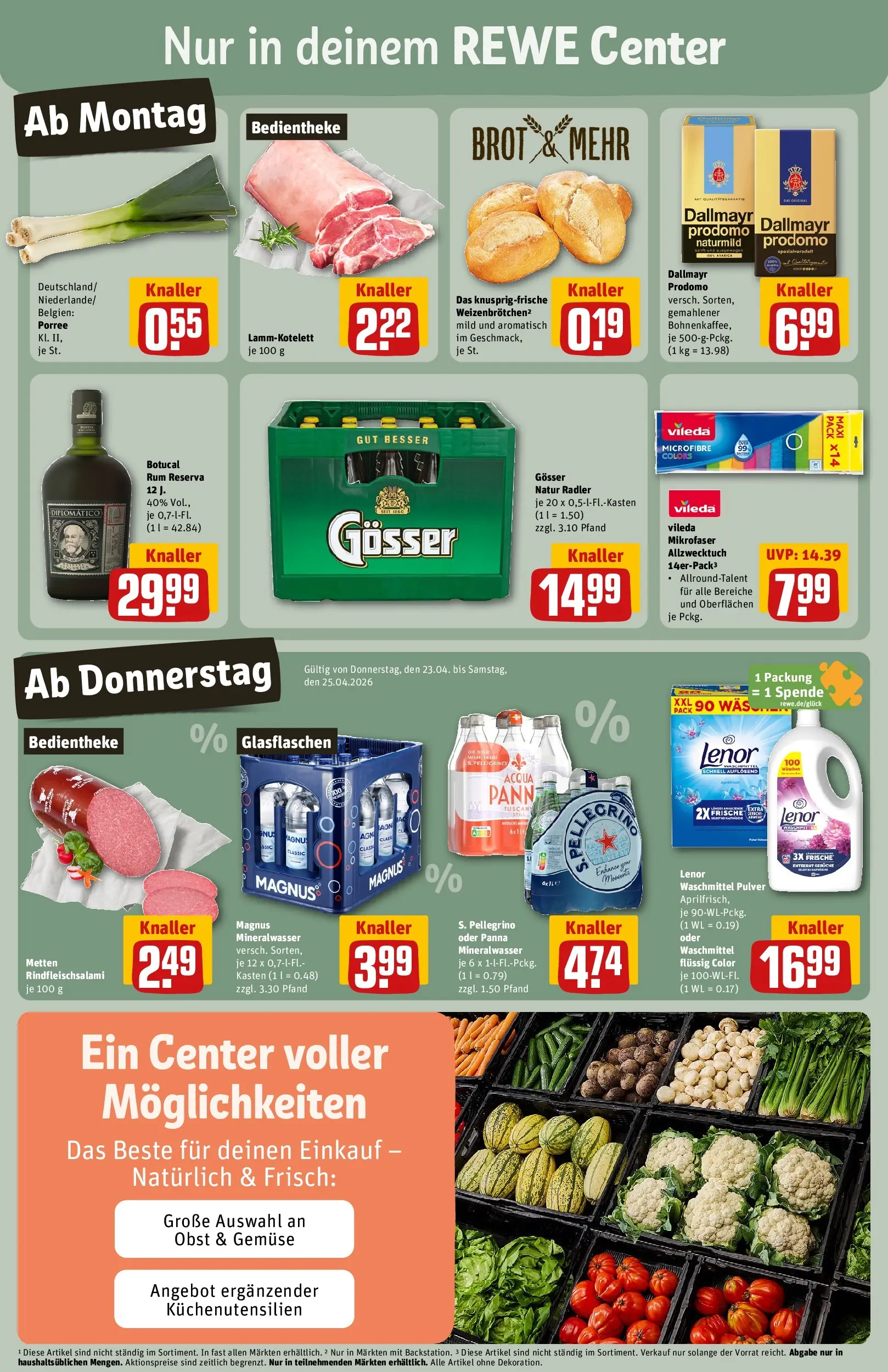 REWE Prospekt ab 20.04.2026 zum Blättern » Angebote | Seite: 3 | Produkte: Mineralwasser, Radler, Waschmittel, Dallmayr prodomo
