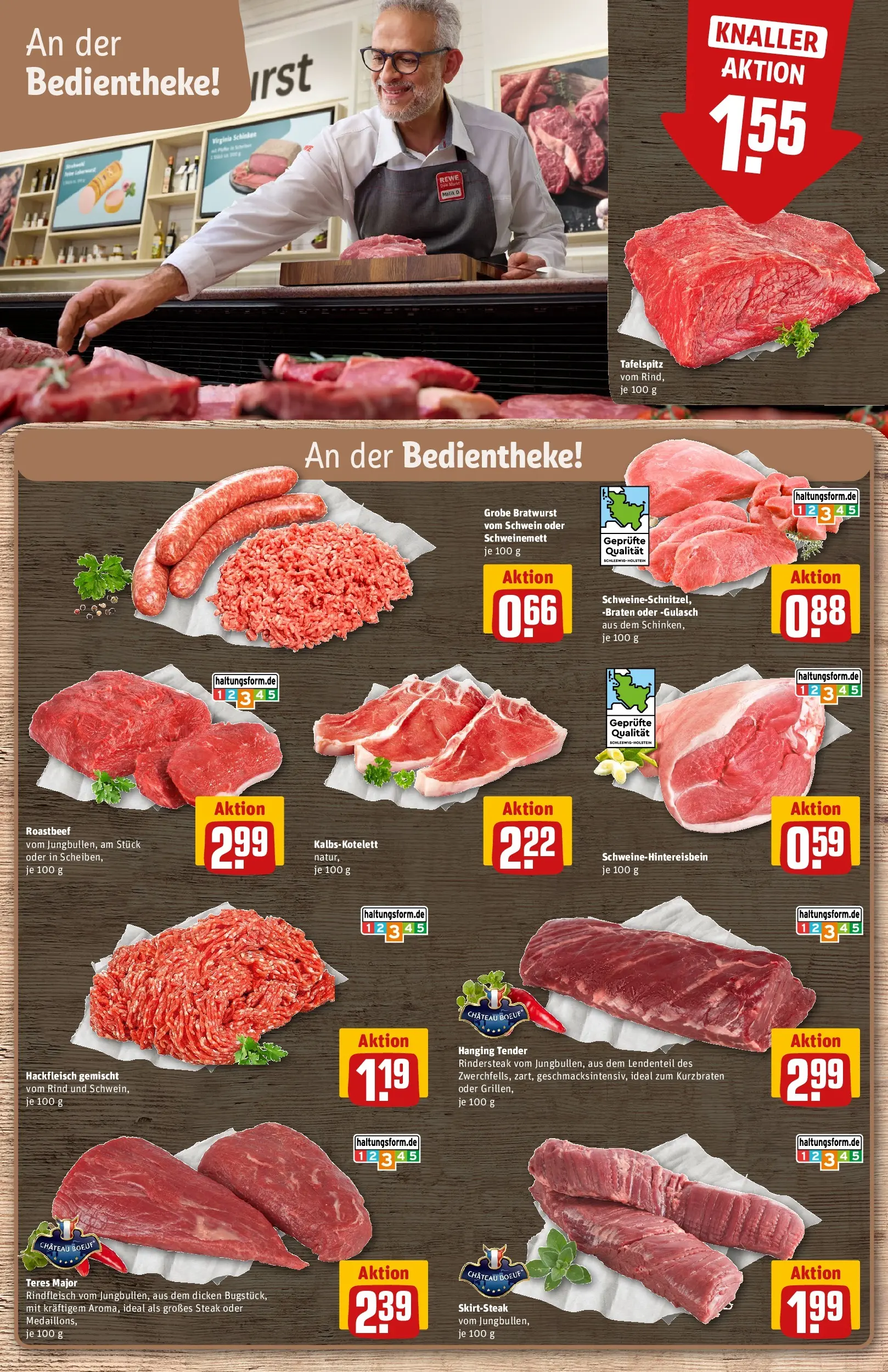 REWE Prospekt ab 20.04.2026 zum Blättern » Angebote | Seite: 13 | Produkte: Bratwurst, Schinken, Steak, Hackfleisch