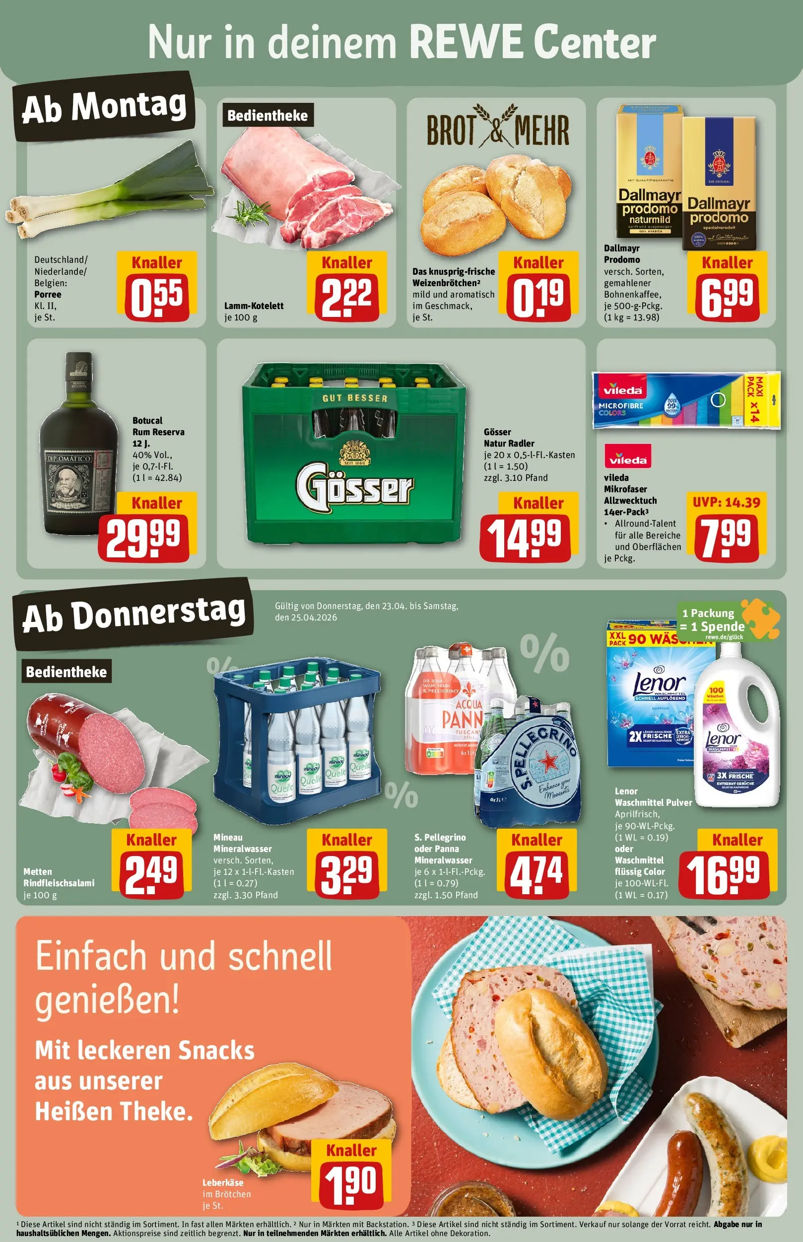 REWE Prospekt ab 20.04.2026 zum Blättern » Angebote | Seite: 3 | Produkte: Lenor, Mineralwasser, Brot, Leberkase