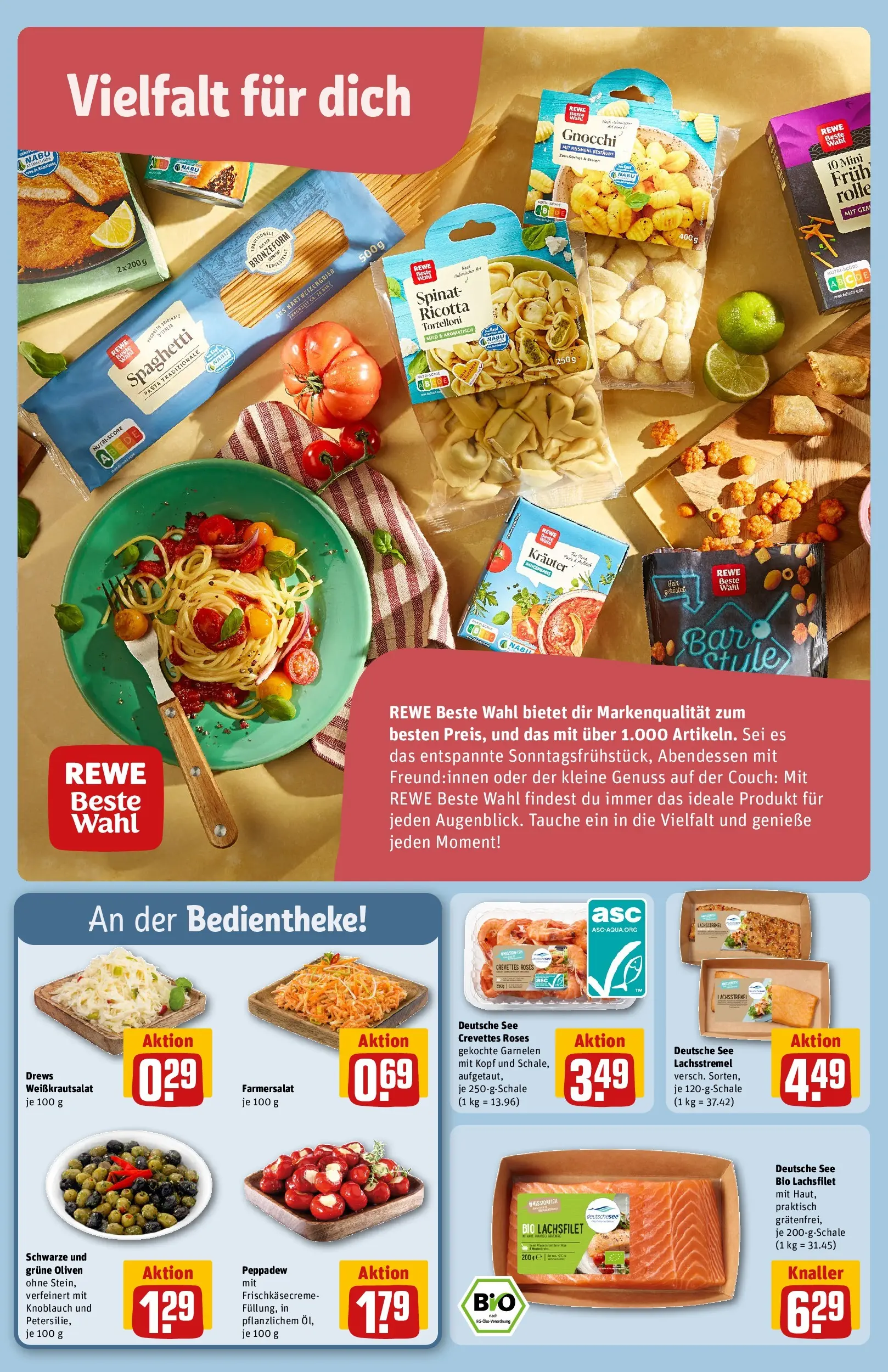 REWE Prospekt ab 20.04.2026 zum Blättern » Angebote | Seite: 16 | Produkte: Garnelen, Gemüse, Knoblauch, Pasta