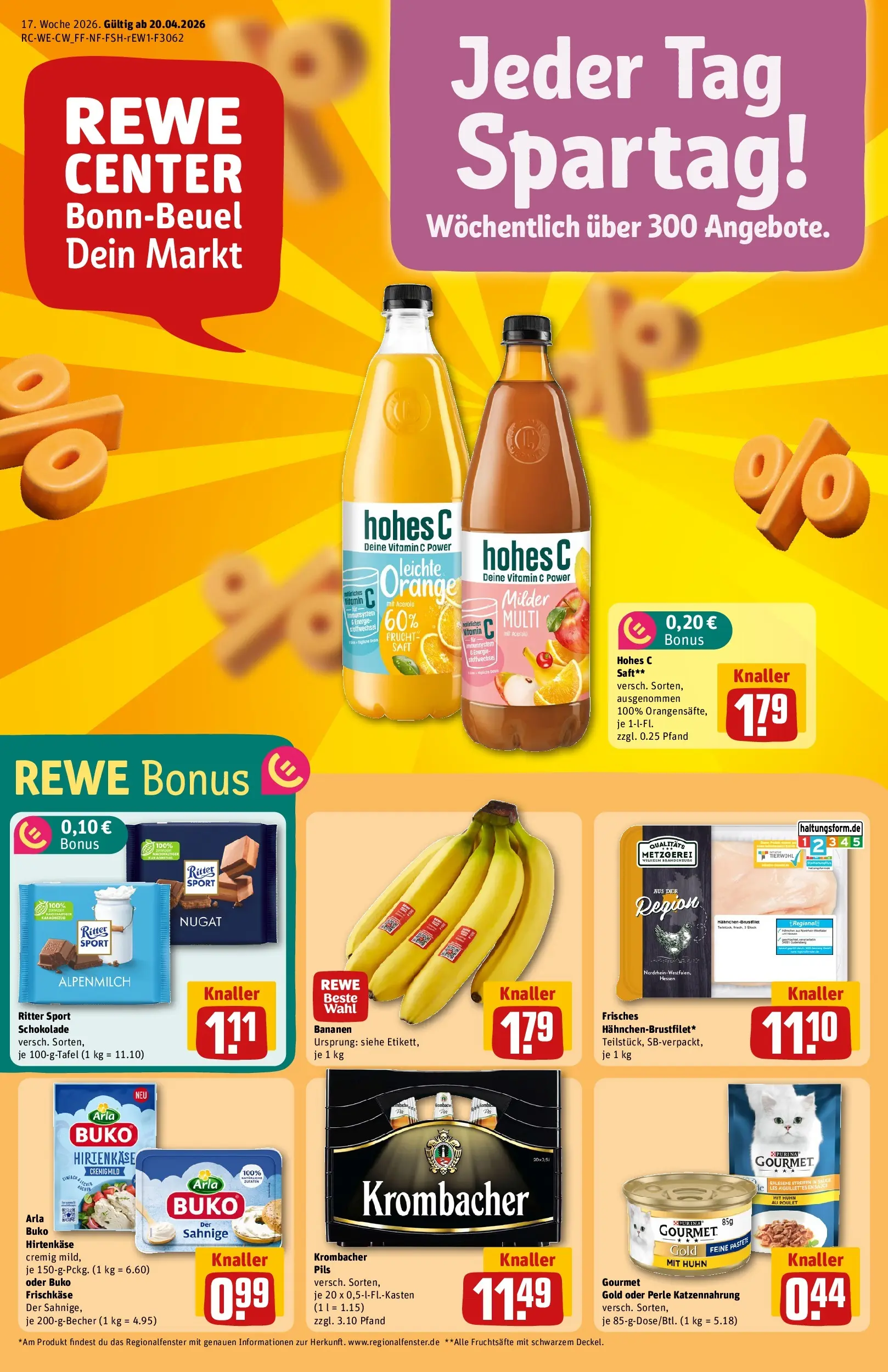 REWE Prospekt ab 20.04.2026 zum Blättern » Angebote | Seite: 1 | Produkte: Schokolade, Bananen, Arla buko, Hohes c