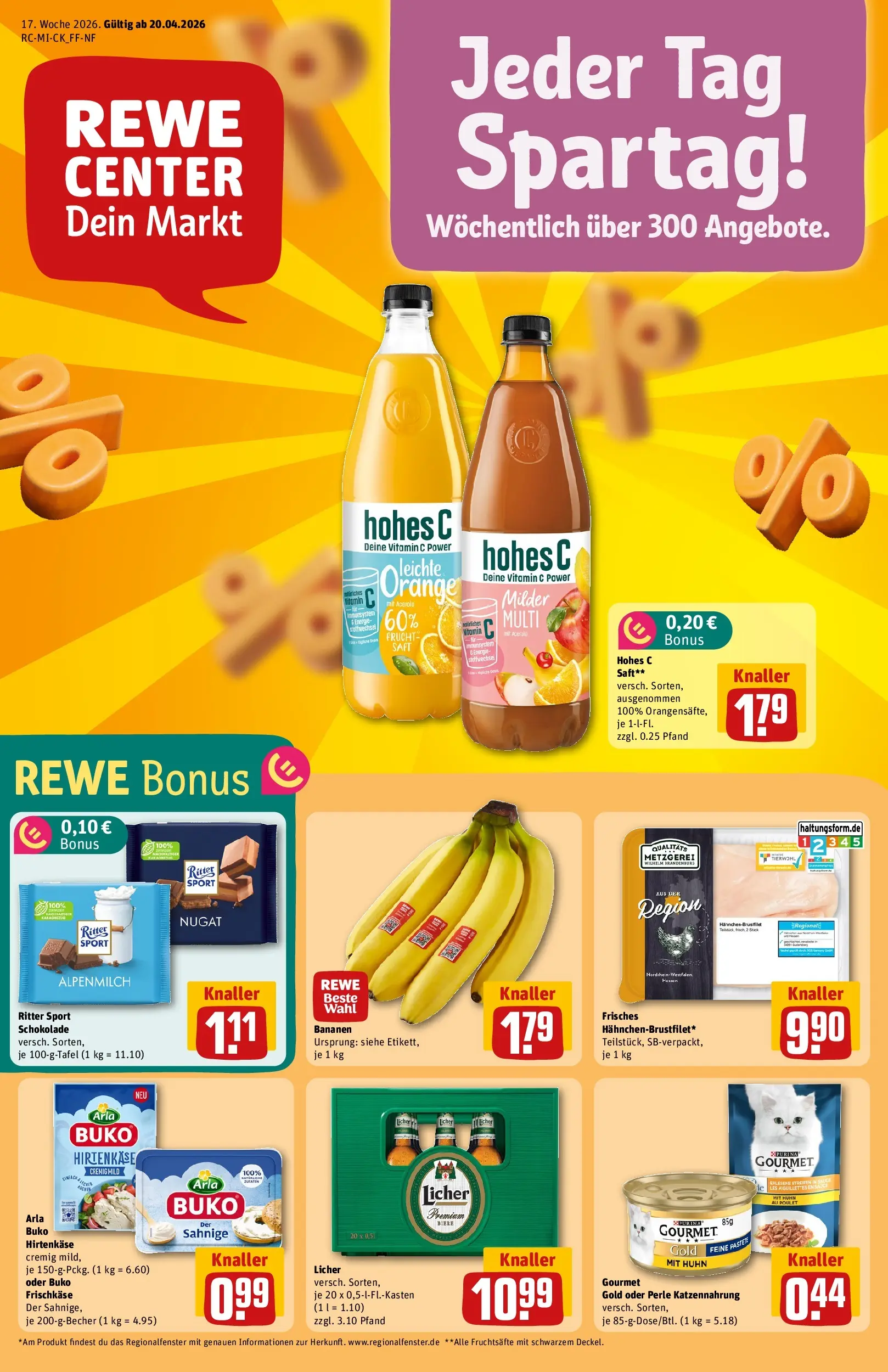 REWE Prospekt ab 20.04.2026 zum Blättern » Angebote | Seite: 1 | Produkte: Bananen, Arla buko, Hohes c, Saft