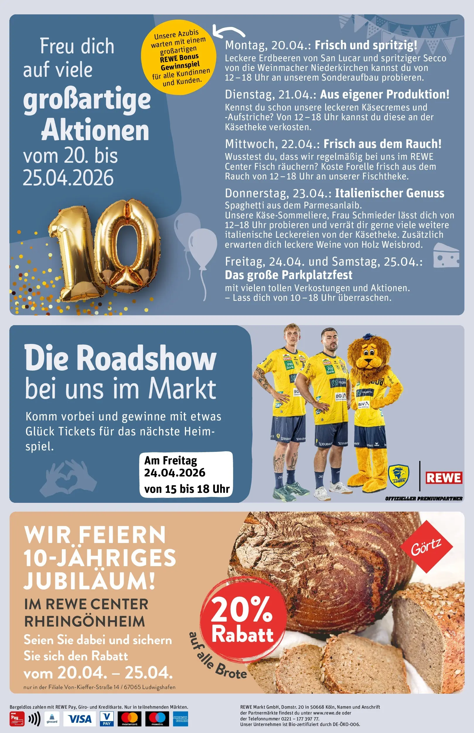 REWE Prospekt ab 20.04.2026 zum Blättern » Angebote | Seite: 4 | Produkte: Fisch, Brot, Erdbeeren, Uhr