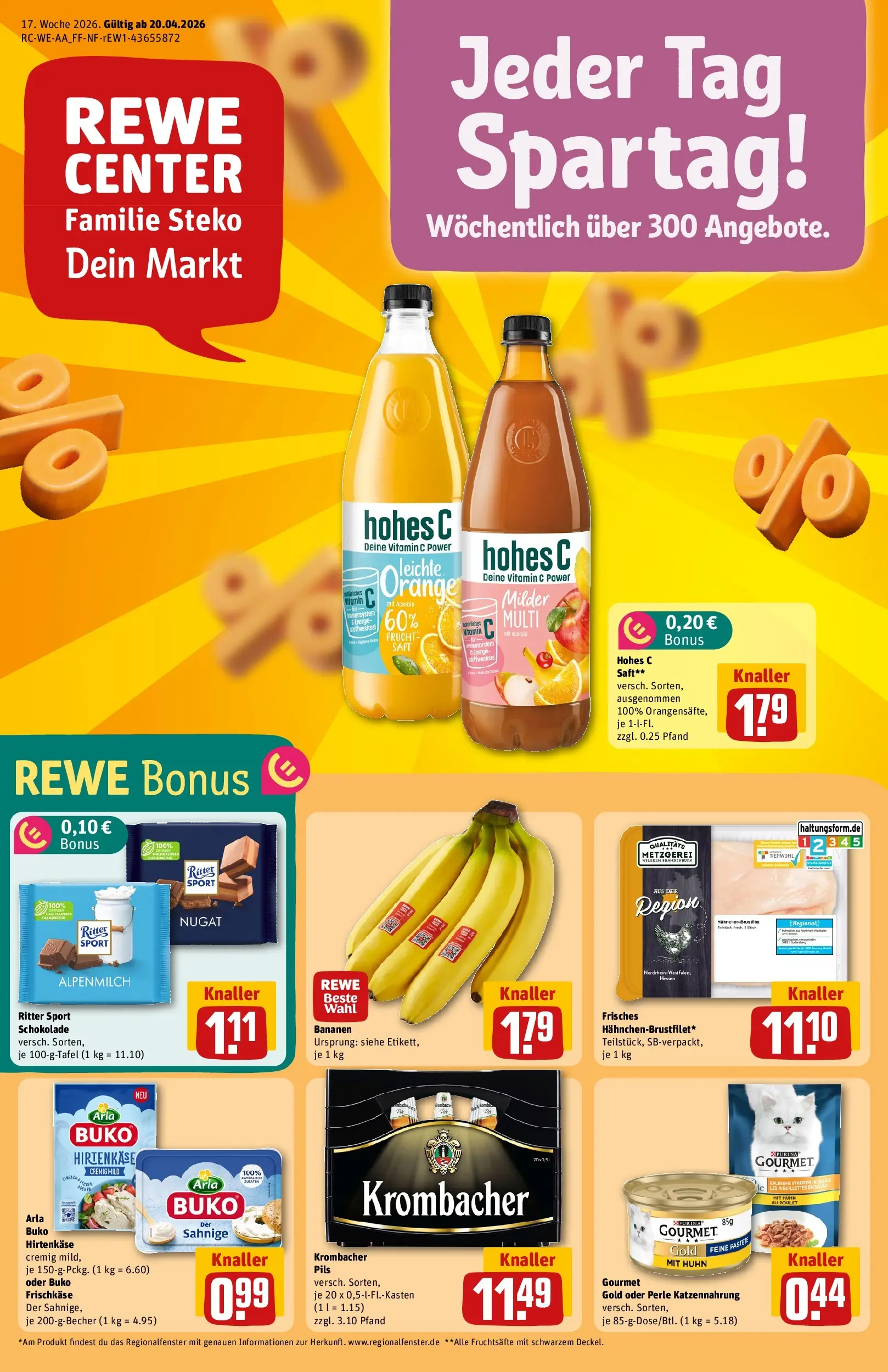 REWE Prospekt ab 20.04.2026 zum Blättern » Angebote | Seite: 1 | Produkte: Arla buko, Krombacher, Hohes c, Saft