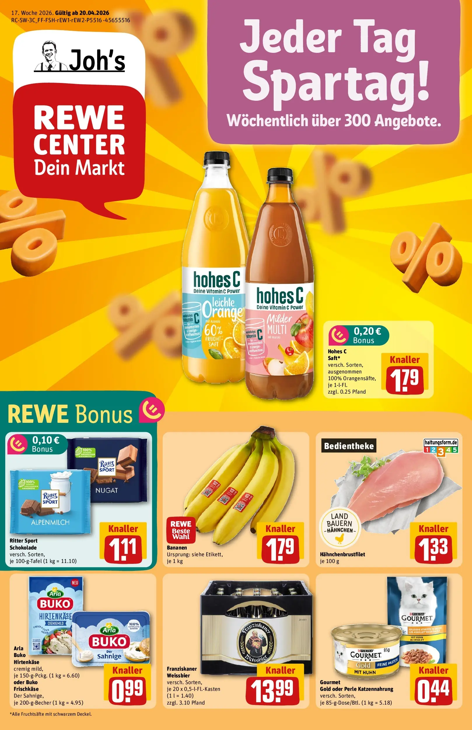 REWE Prospekt ab 20.04.2026 zum Blättern » Angebote | Seite: 1 | Produkte: Hahnchen, Weißbier, Arla buko, Hohes c