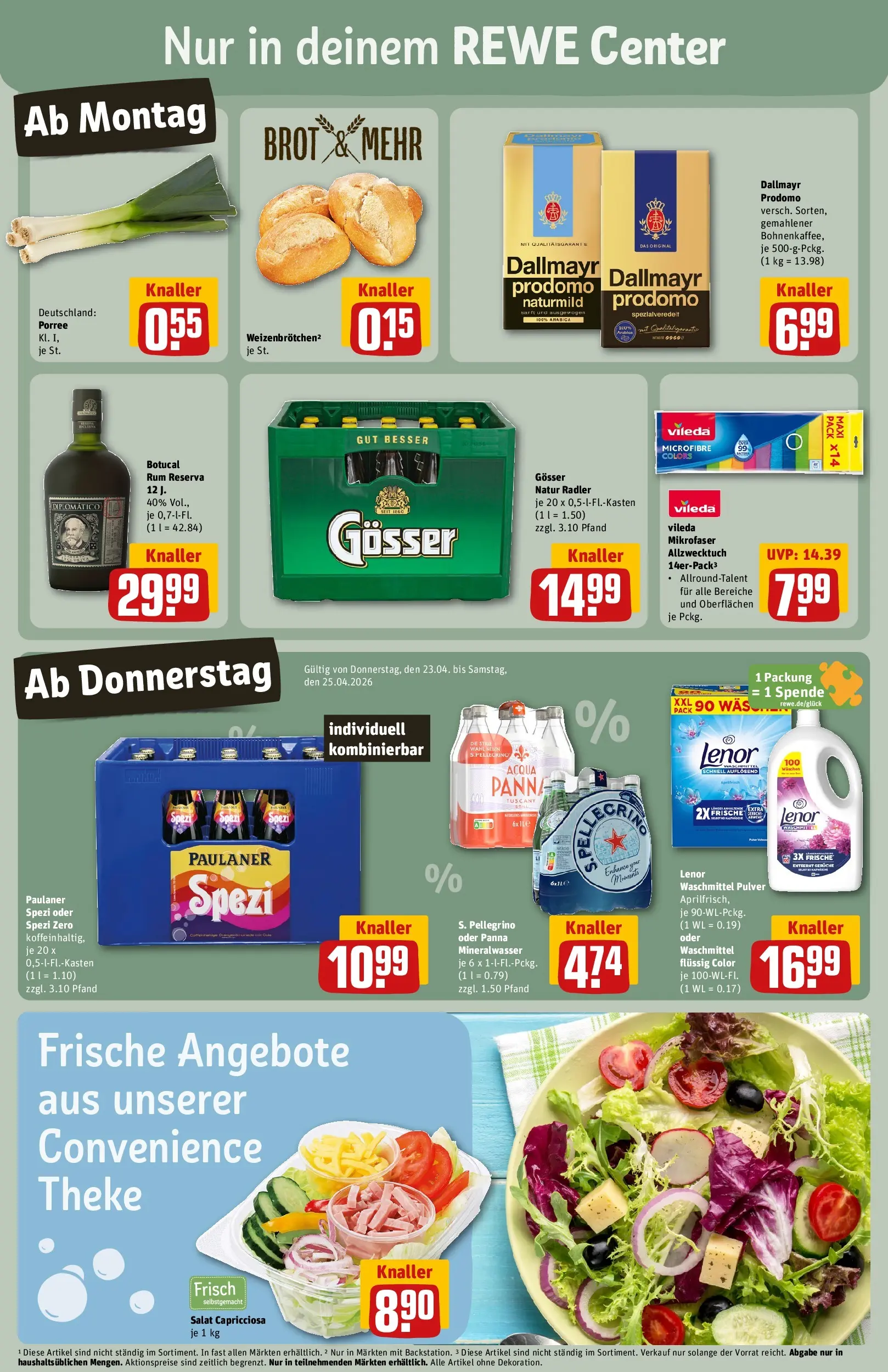 REWE Prospekt ab 20.04.2026 zum Blättern » Angebote | Seite: 3 | Produkte: Lenor, Paulaner spezi, Brot, Dallmayr prodomo