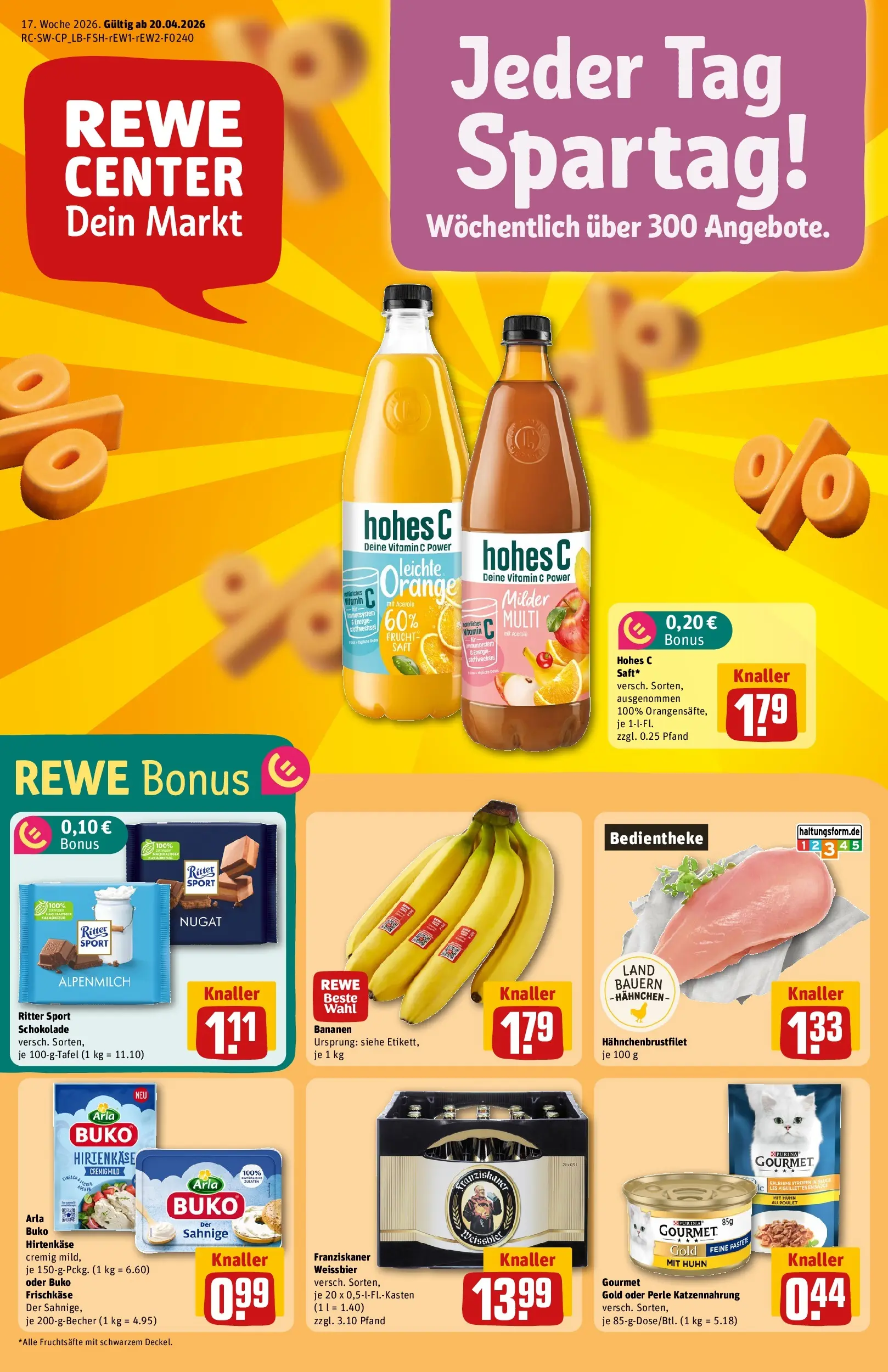REWE Prospekt ab 20.04.2026 zum Blättern » Angebote | Seite: 1 | Produkte: Franziskaner, Weißbier, Bananen, Arla buko