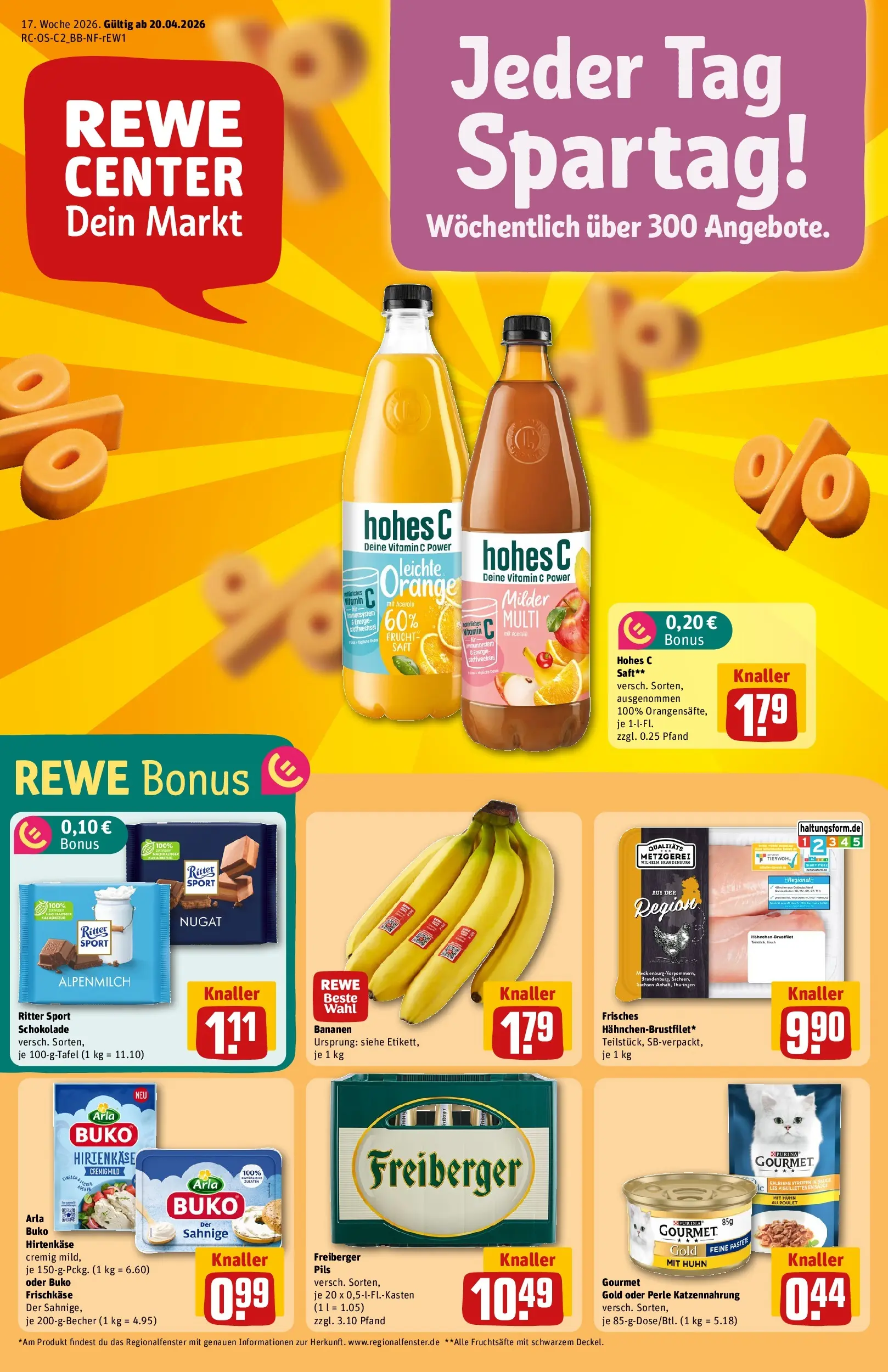 REWE Prospekt ab 20.04.2026 zum Blättern » Angebote | Seite: 1 | Produkte: Schokolade, Bananen, Hohes c, Saft