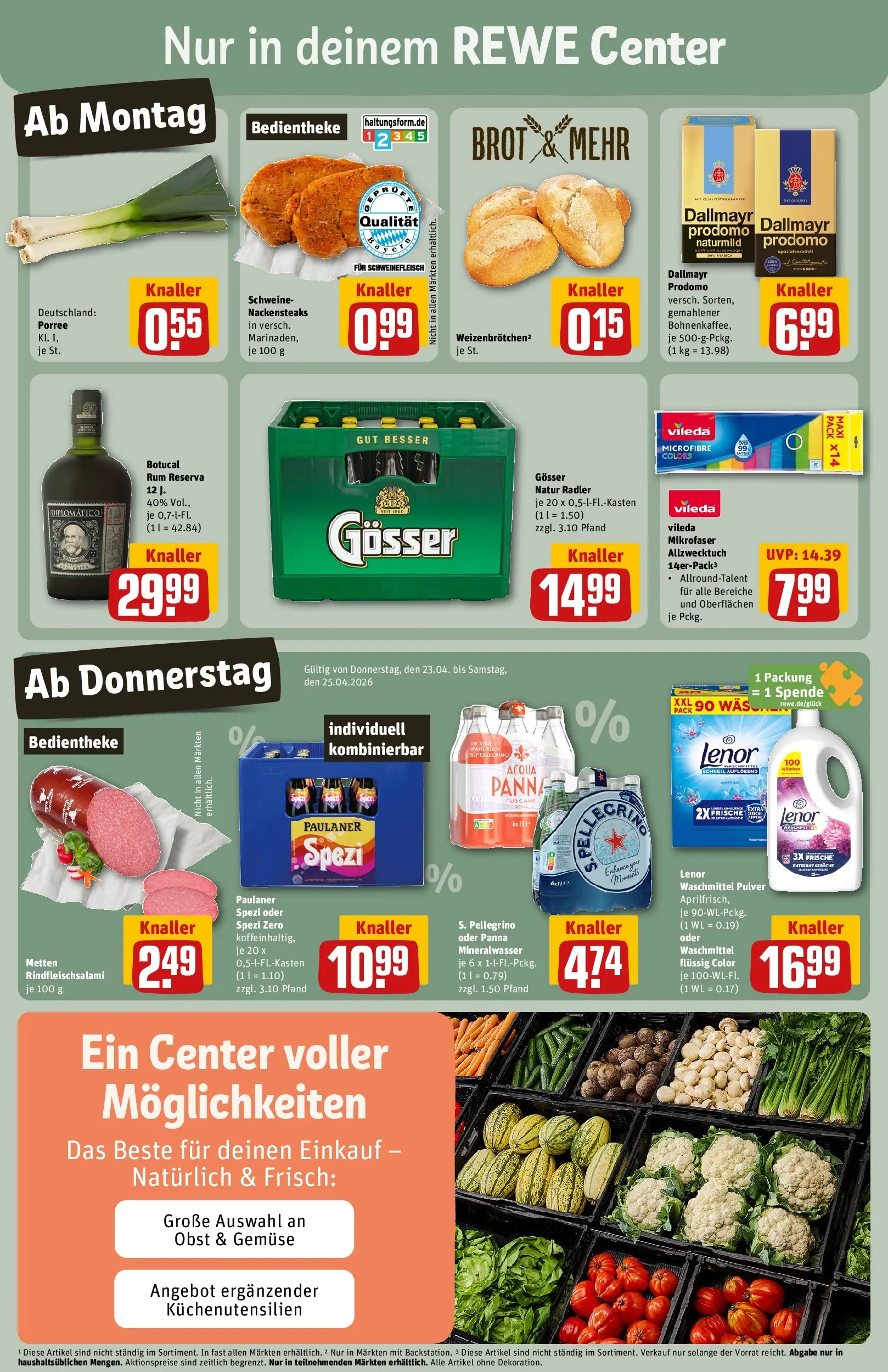 REWE Prospekt ab 20.04.2026 zum Blättern » Angebote | Seite: 3 | Produkte: Lenor, Nackensteaks, Radler, Salami