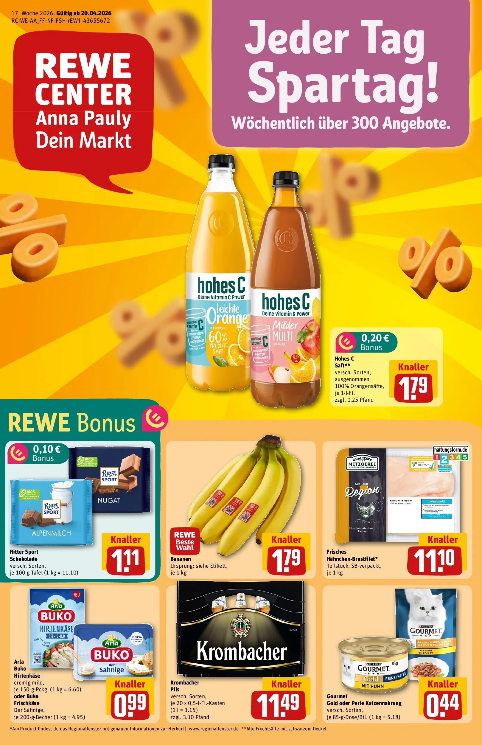 REWE Prospekt ab 20.04.2026 zum Blättern » Angebote | Seite: 1 | Produkte: Ritter sport, Pils, Hohes c, Frischkase