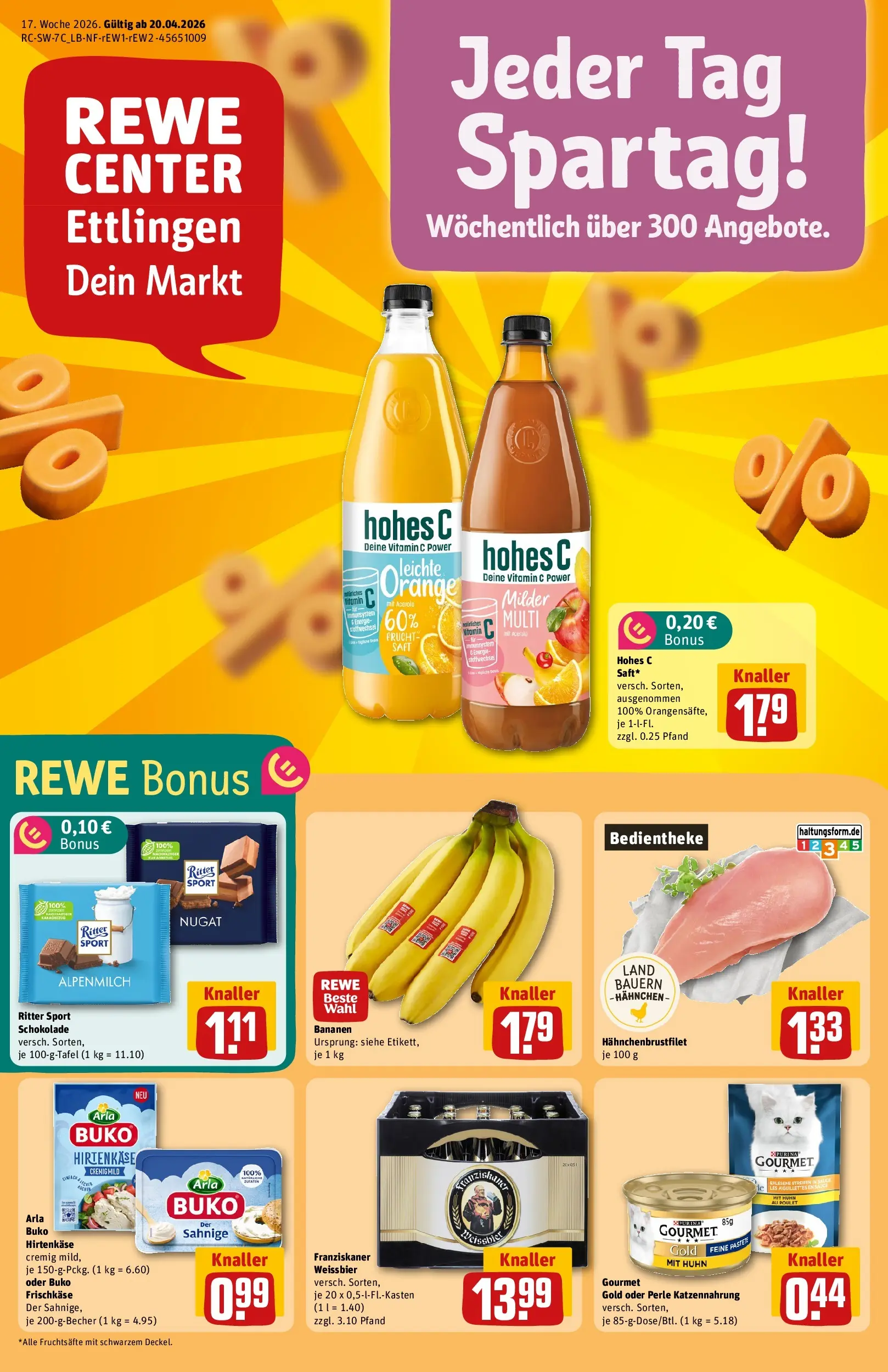 REWE Prospekt ab 20.04.2026 zum Blättern » Angebote | Seite: 1 | Produkte: Weißbier, Ritter sport, Bananen, Frischkase