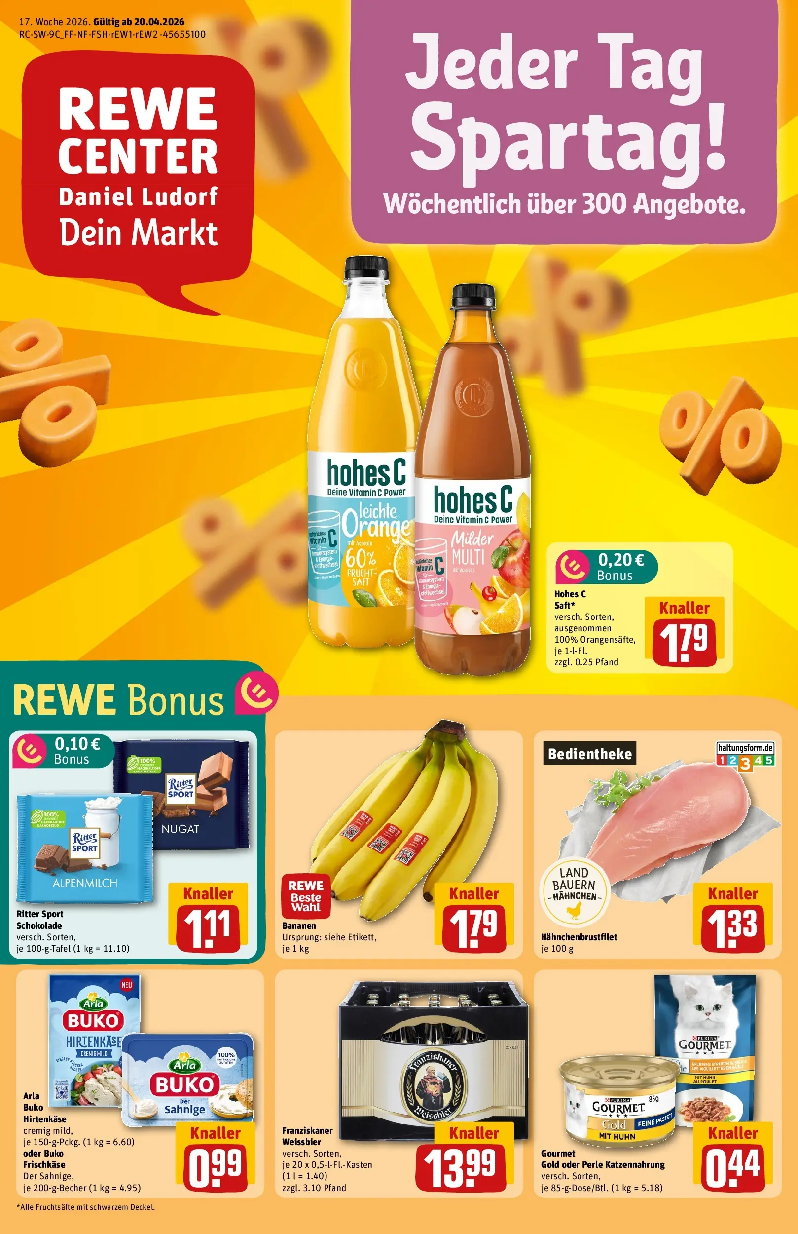 REWE Prospekt ab 20.04.2026 zum Blättern » Angebote | Seite: 1 | Produkte: Ritter sport, Hohes c, Saft, Frischkase