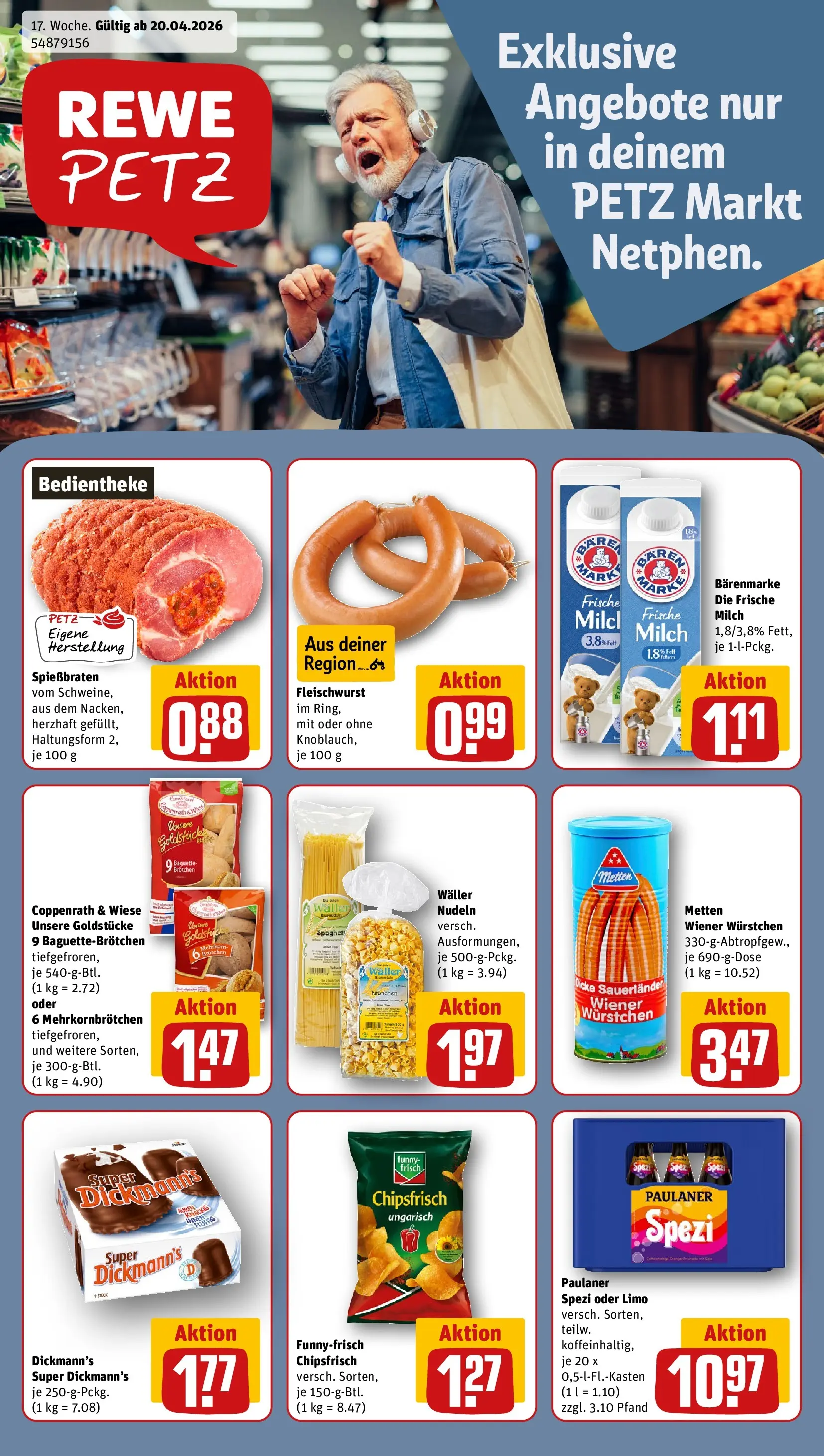 REWE Prospekt ab 20.04.2026 zum Blättern » Angebote | Seite: 1 | Produkte: Milch, Paulaner spezi, Baguette, Nudeln