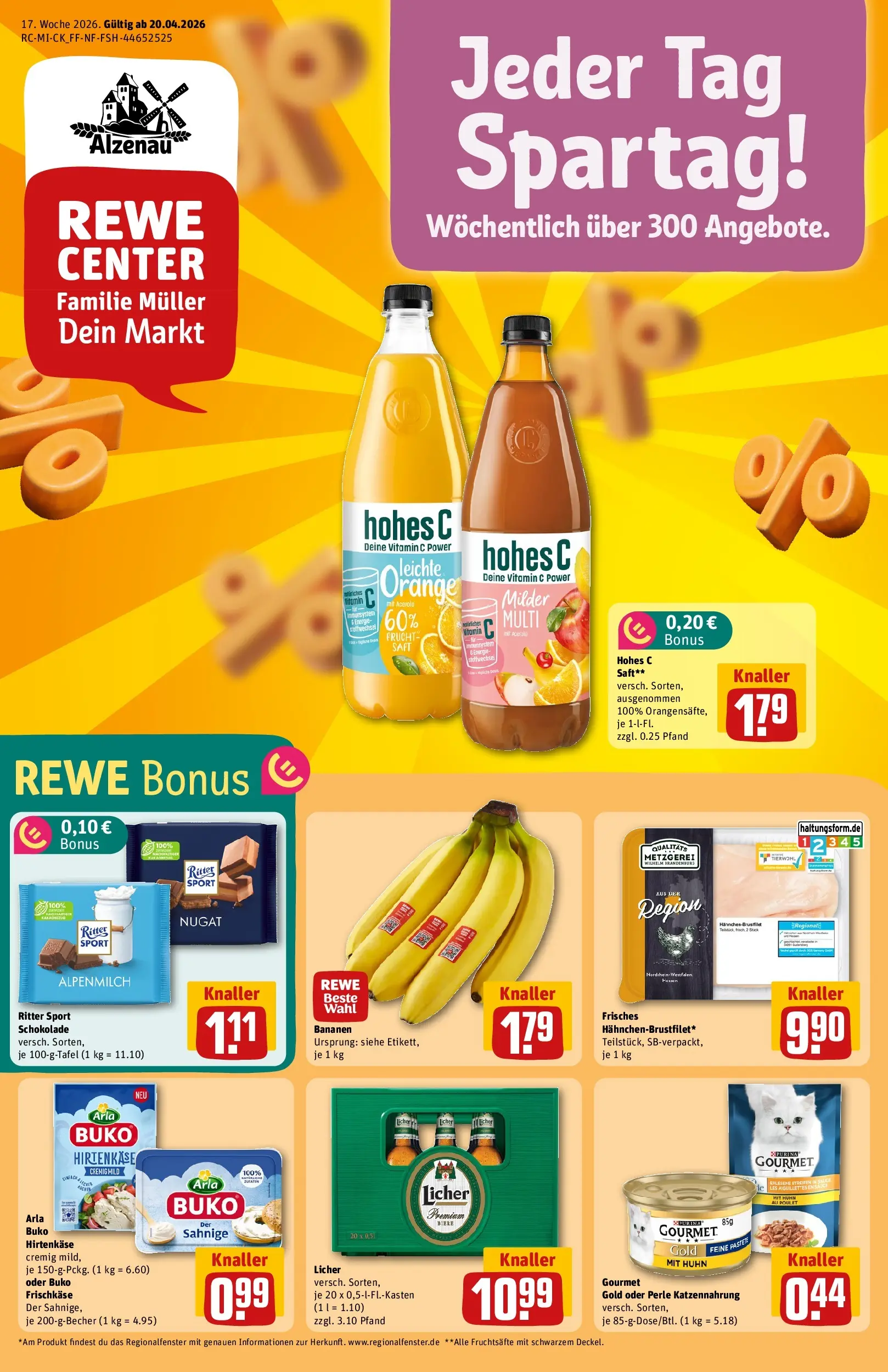 REWE Prospekt ab 20.04.2026 zum Blättern » Angebote | Seite: 1 | Produkte: Ritter sport, Bananen, Arla buko, Saft
