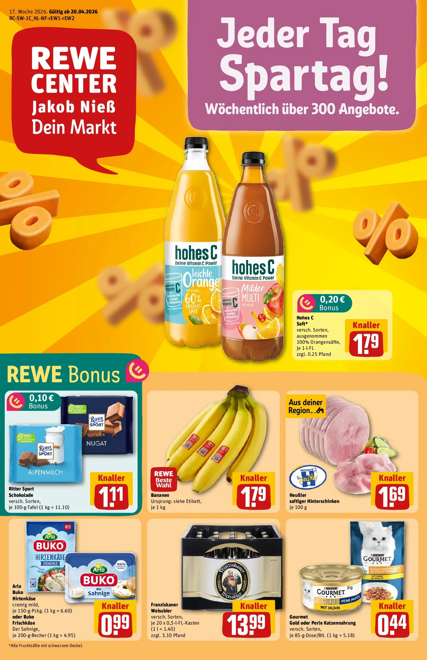 REWE Prospekt ab 20.04.2026 zum Blättern » Angebote | Seite: 1 | Produkte: Franziskaner, Schokolade, Weißbier, Bananen