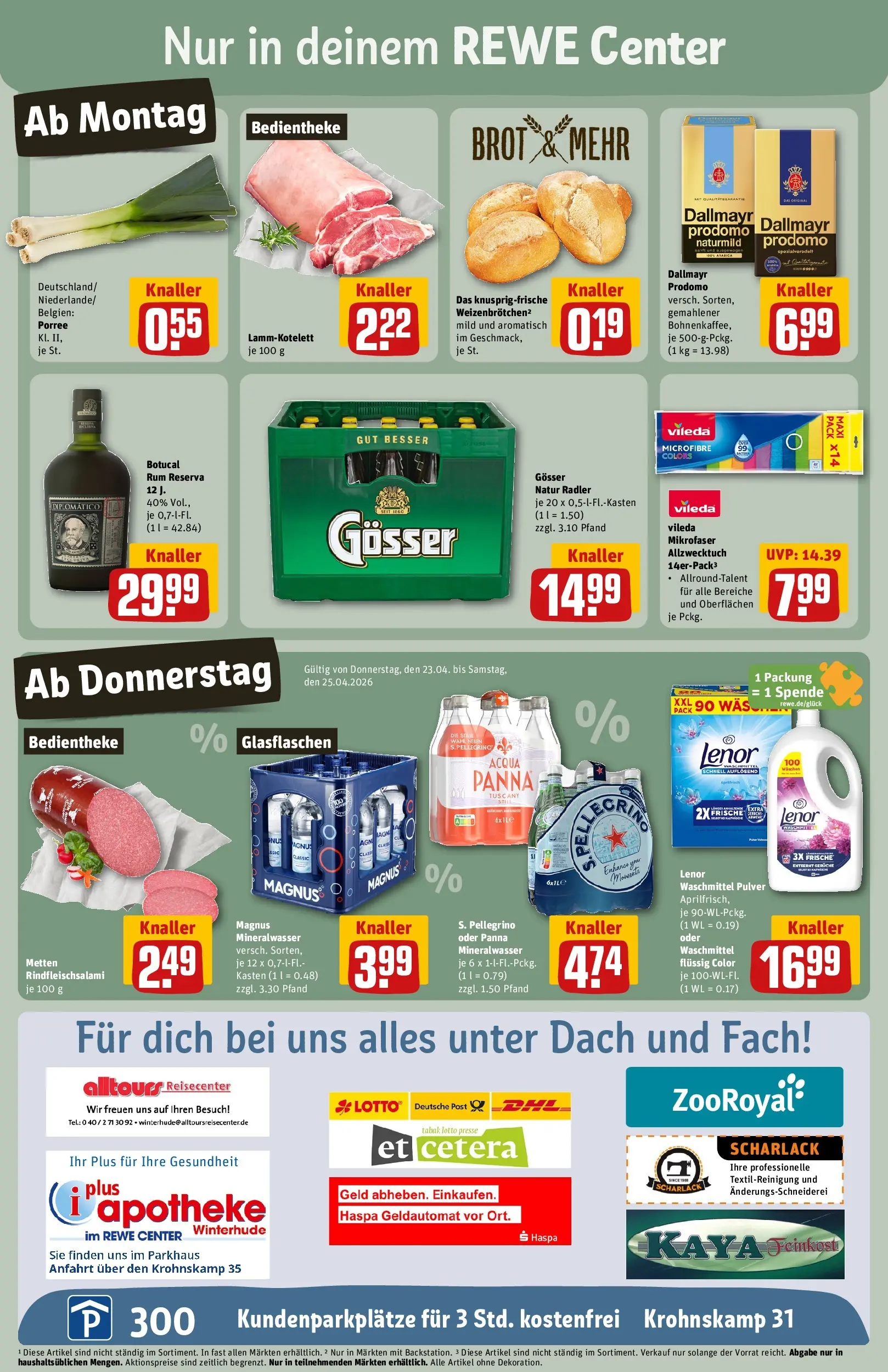 REWE Prospekt ab 20.04.2026 zum Blättern » Angebote | Seite: 3 | Produkte: Lenor, Rum, Salami, Dallmayr prodomo