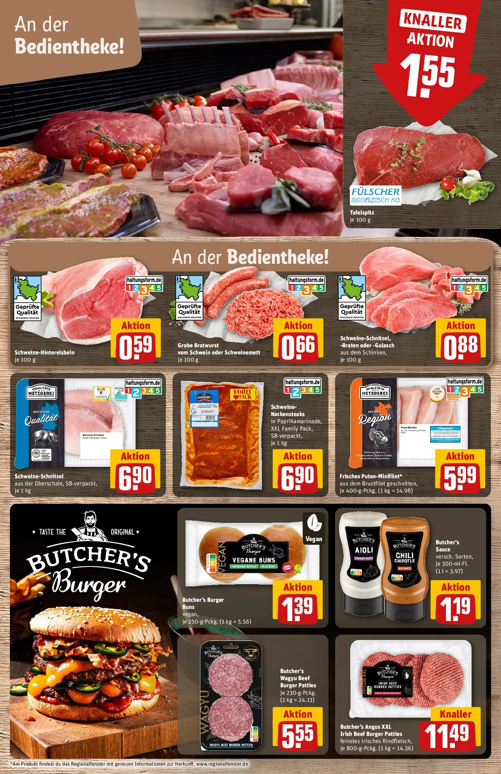REWE Prospekt ab 20.04.2026 zum Blättern » Angebote | Seite: 13 | Produkte: Nackensteaks, Bratwurst, Gulasch, Fleisch