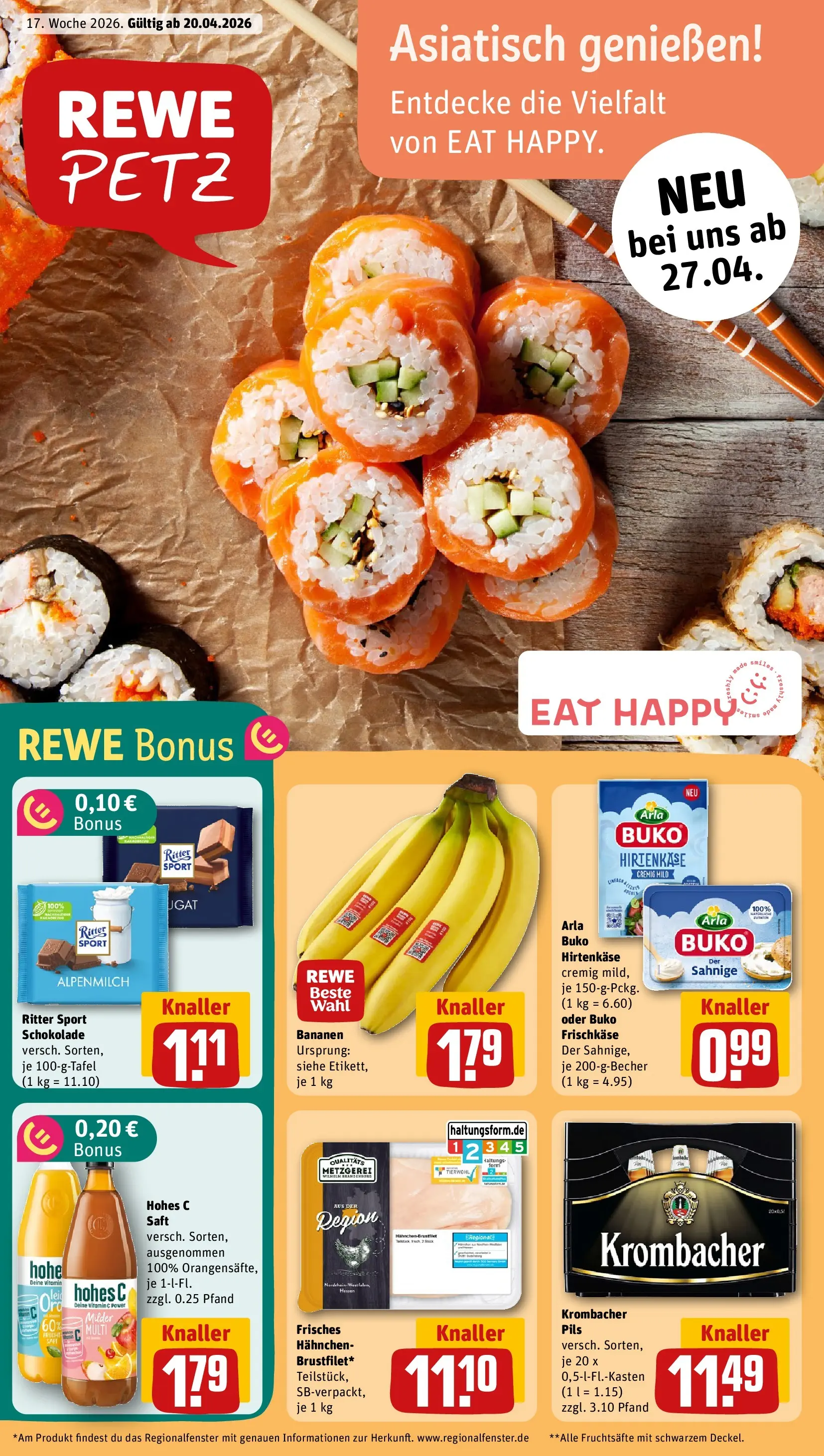 REWE Prospekt ab 20.04.2026 zum Blättern » Angebote | Seite: 1 | Produkte: Hahnchen, Bananen, Arla buko, Hohes c