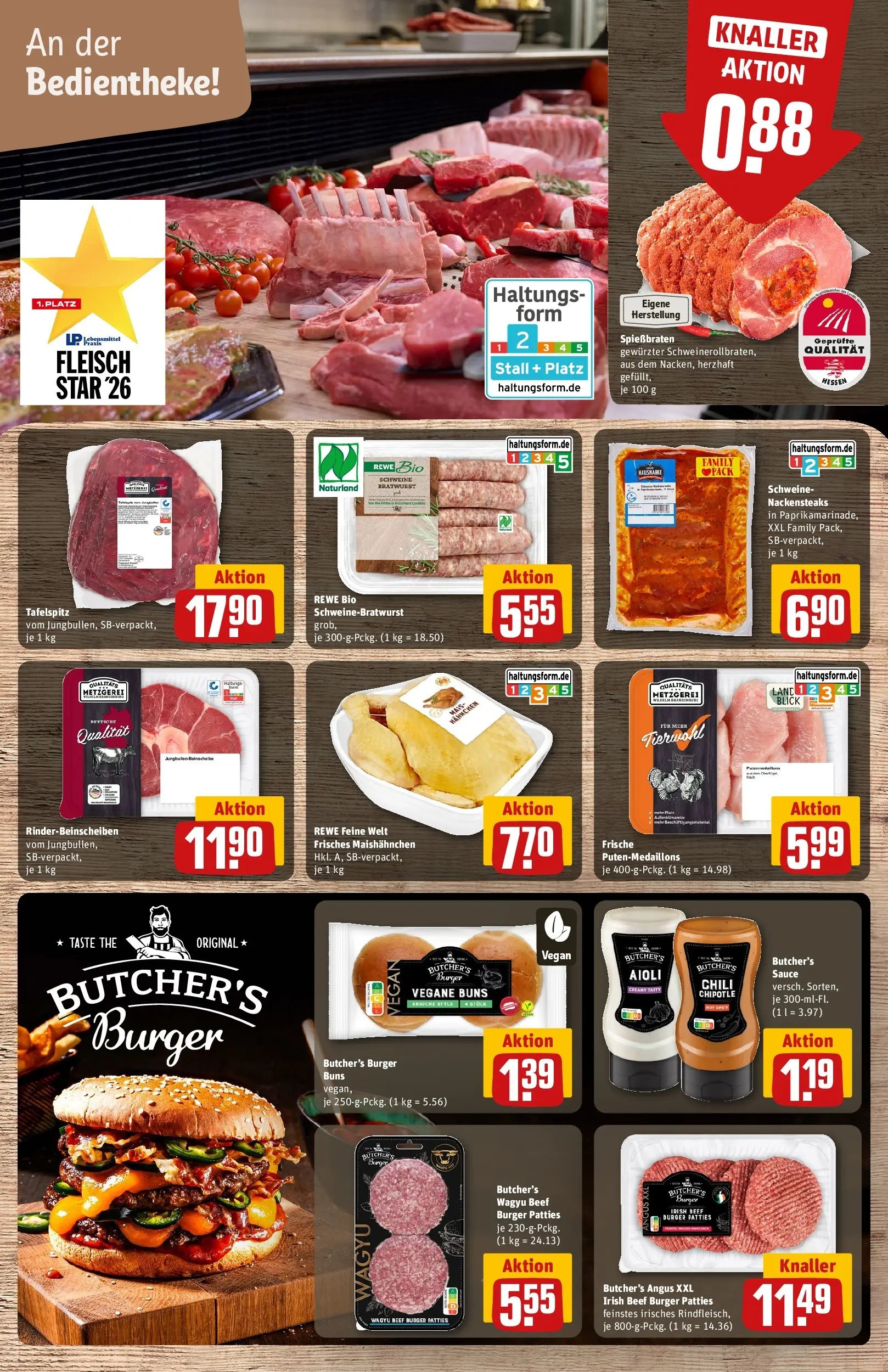 REWE Prospekt ab 20.04.2026 zum Blättern » Angebote | Seite: 12 | Produkte: Nackensteaks, Tafelspitz, Bratwurst, Burger