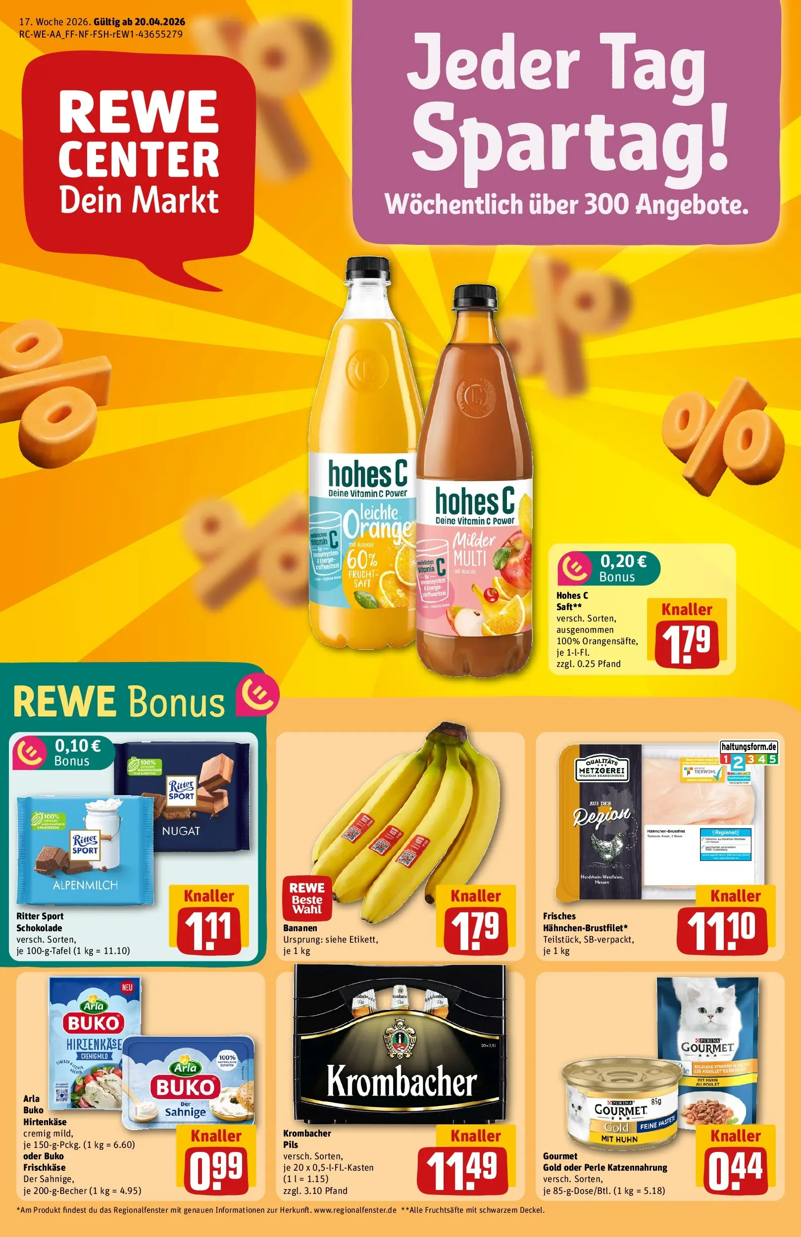 REWE Prospekt ab 20.04.2026 zum Blättern » Angebote | Seite: 1 | Produkte: Bananen, Arla buko, Hohes c, Frischkase