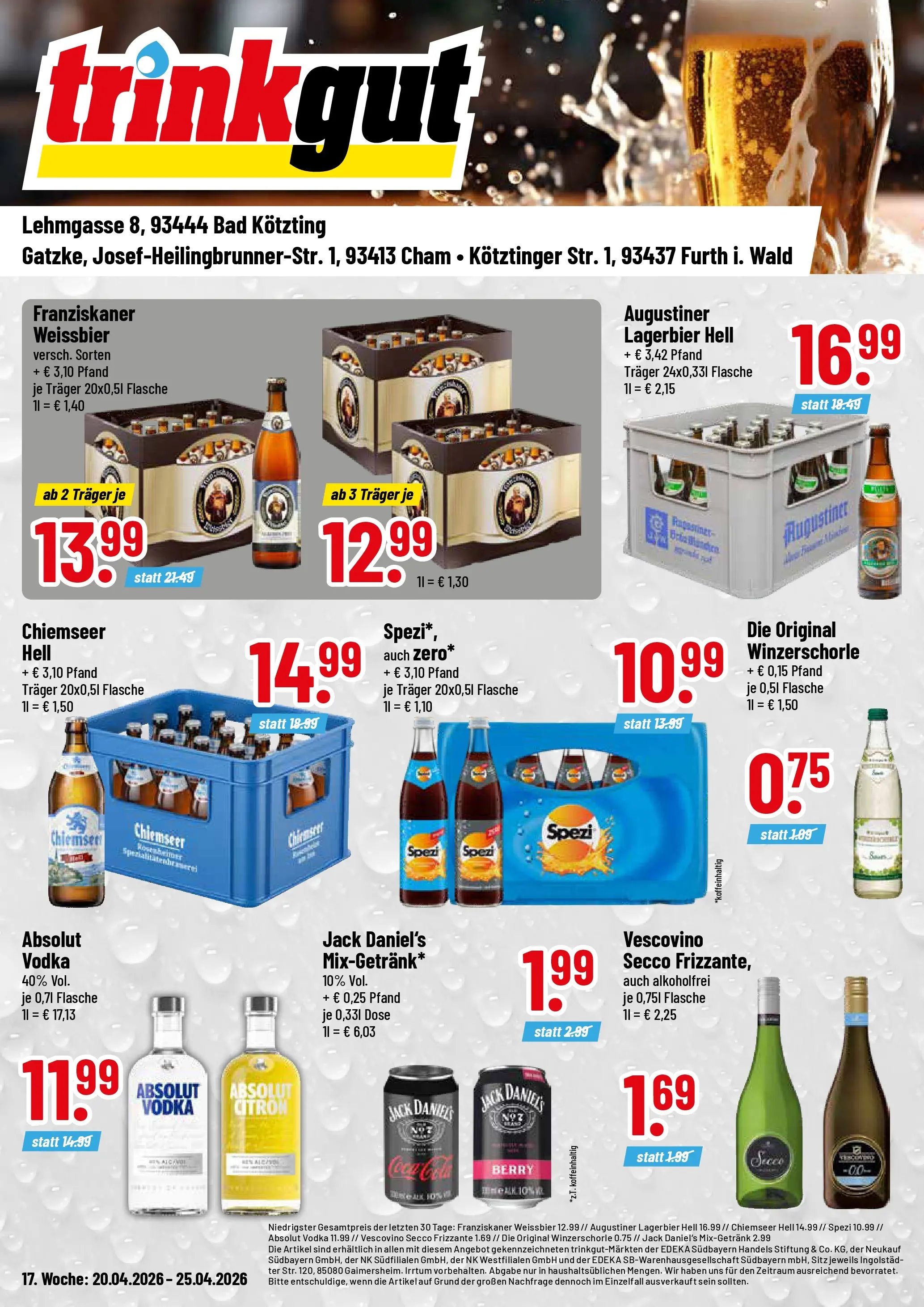 Trinkgut Prospekt Cham	 (ab 20.04.2026) » Angebote online | Seite: 1 | Produkte: Franziskaner, Weißbier, Bad, Jack Daniel's