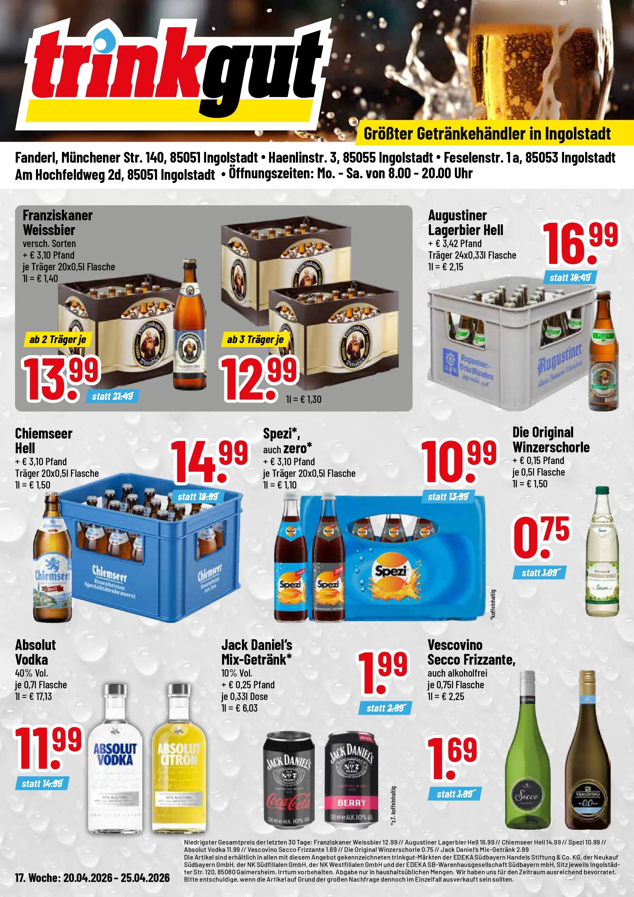 Trinkgut Prospekt Ingolstadt	 (ab 20.04.2026) » Angebote online | Seite: 1 | Produkte: Franziskaner, Weißbier, Jack Daniel's, Uhr
