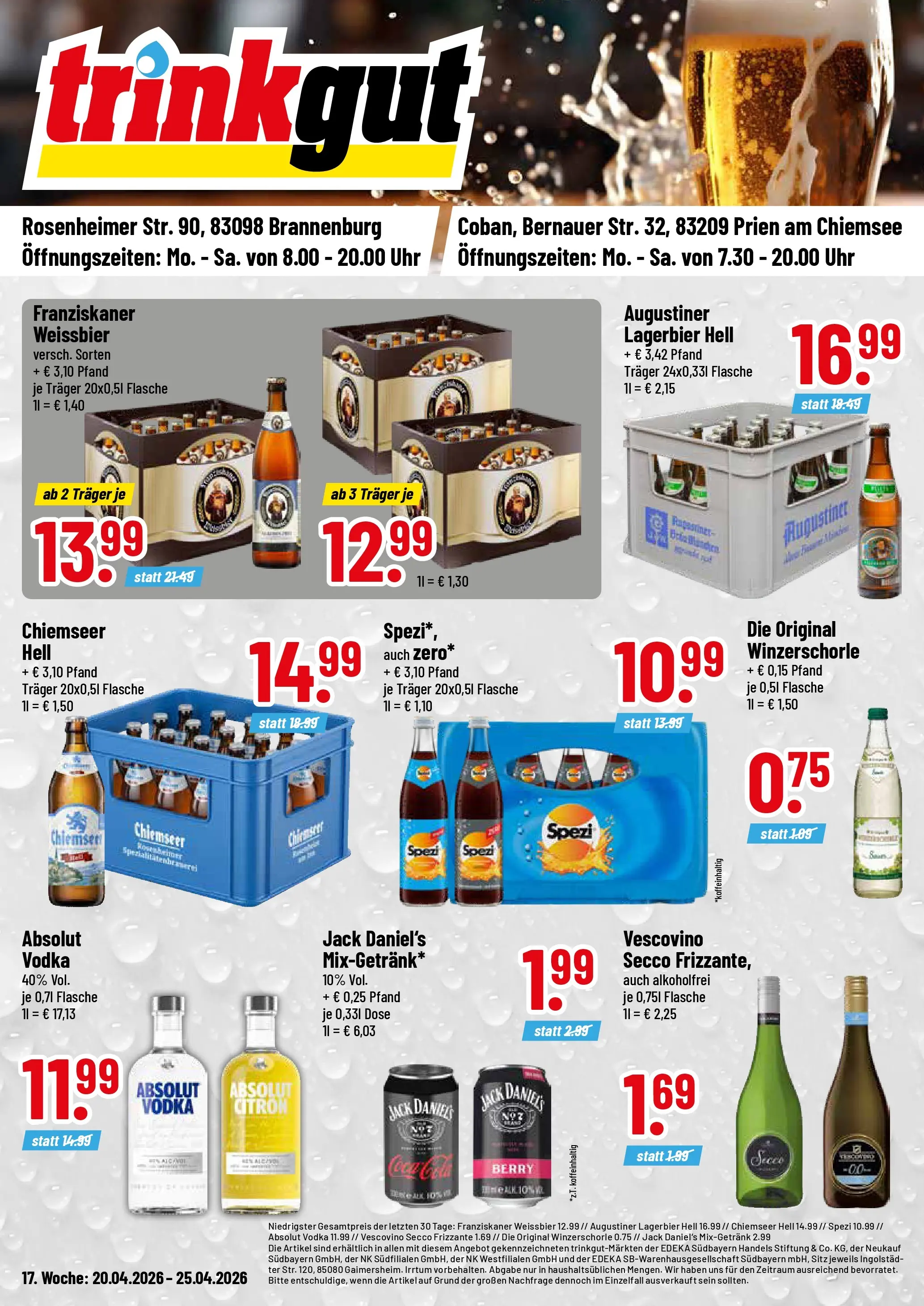 Trinkgut Prospekt Prien Am Chiemsee	 (ab 20.04.2026) » Angebote online | Seite: 1 | Produkte: Franziskaner, Weißbier, Jack Daniel's, Vodka