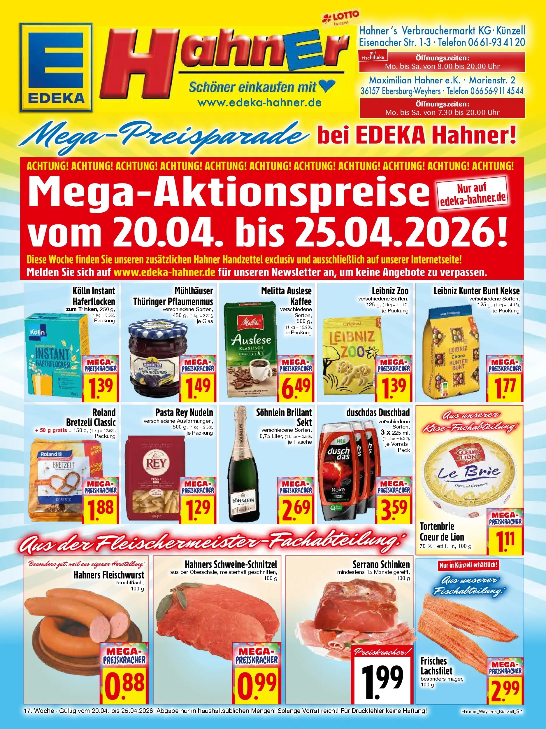 Angebote - Edeka Hahner: Wochenangebote (ab 19.04.2026) zum Blättern | Seite: 1 | Produkte: Pasta, Schinken, Nudeln, Uhr