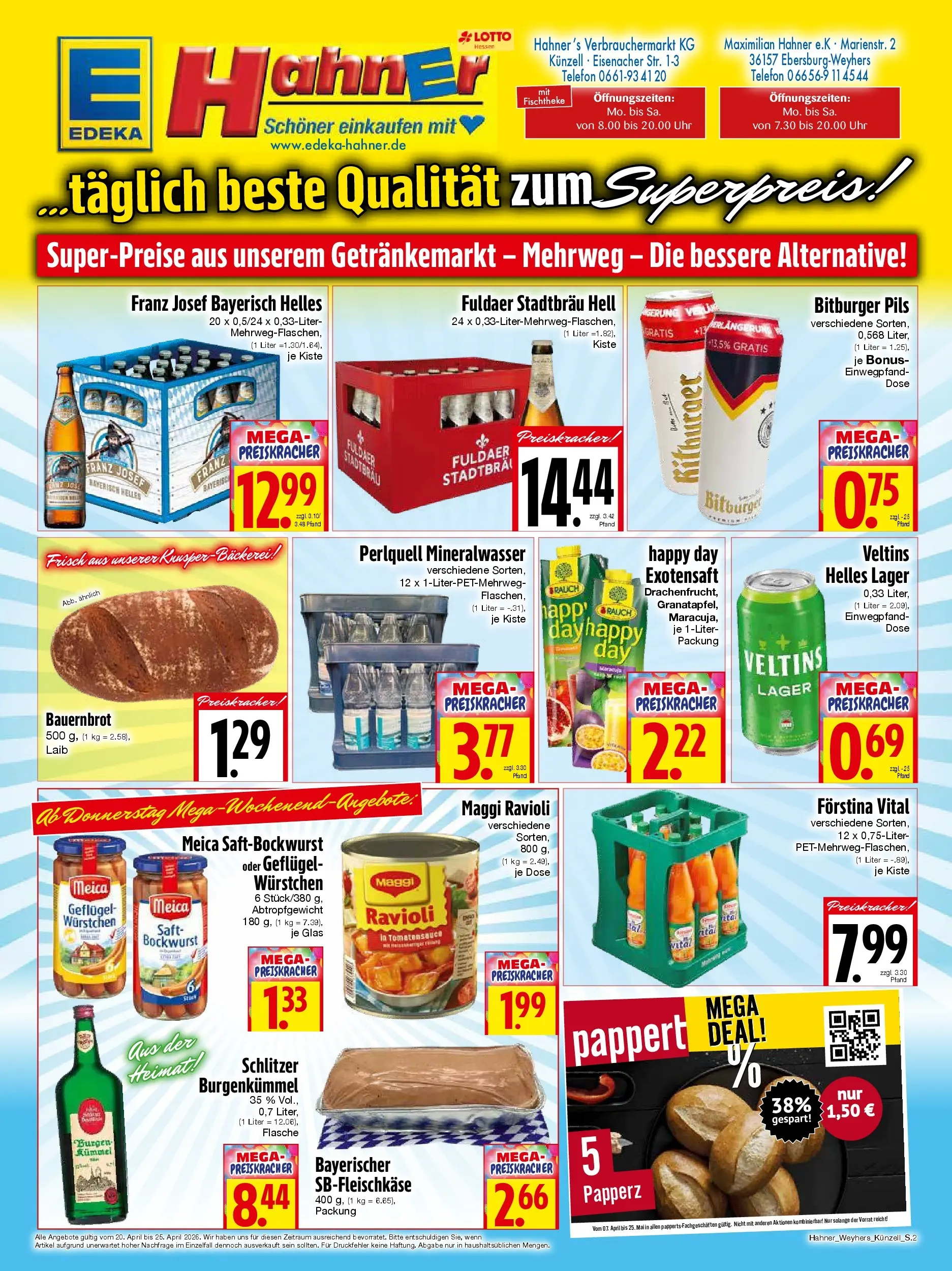 Angebote - Edeka Hahner: Wochenangebote (ab 19.04.2026) zum Blättern | Seite: 2 | Produkte: Pils, Mineralwasser, Meica, Saft