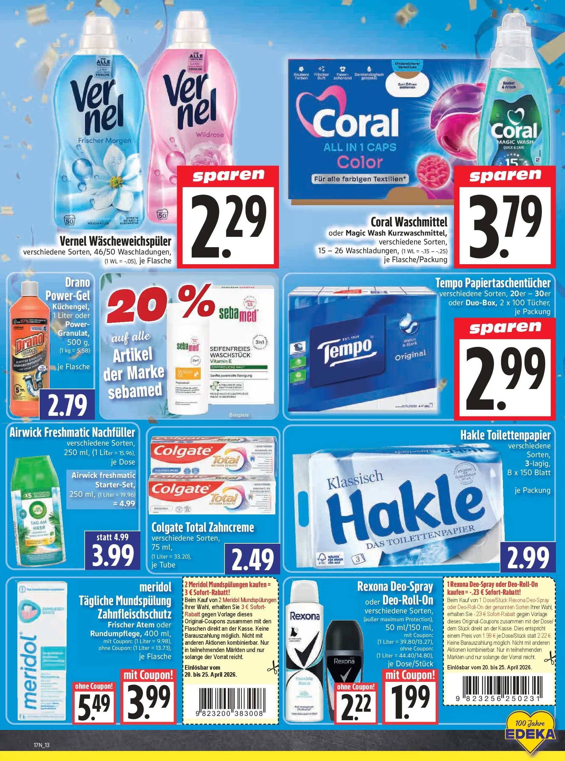 Angebote - Edeka Hahner: Wochenangebote (ab 19.04.2026) zum Blättern | Seite: 17 | Produkte: Coral, Coral waschmittel, Tempo, Vernel