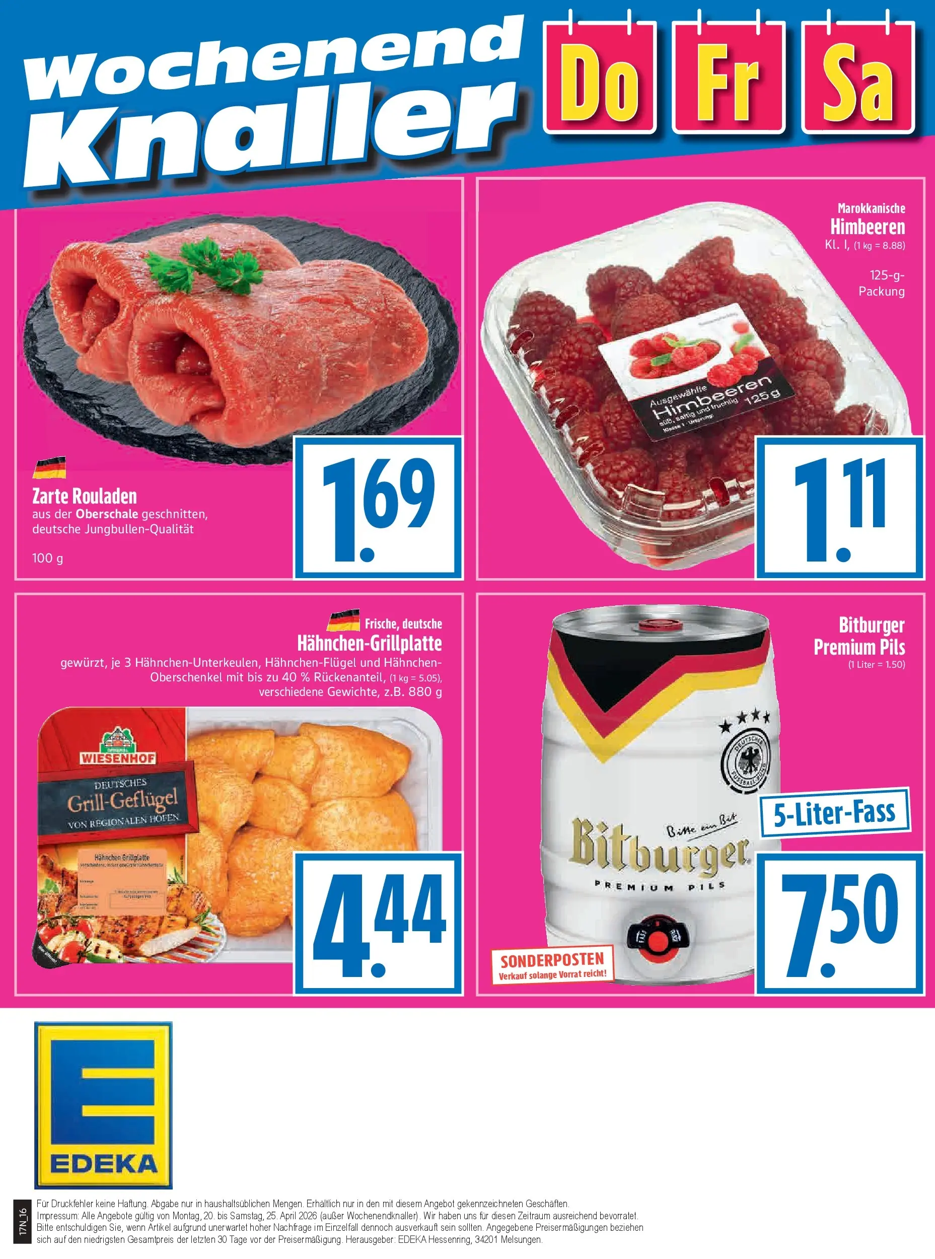 Angebote - Edeka Hahner: Wochenangebote (ab 19.04.2026) zum Blättern | Seite: 20 | Produkte: Himbeeren, Bitburger, Hahnchen, Pils
