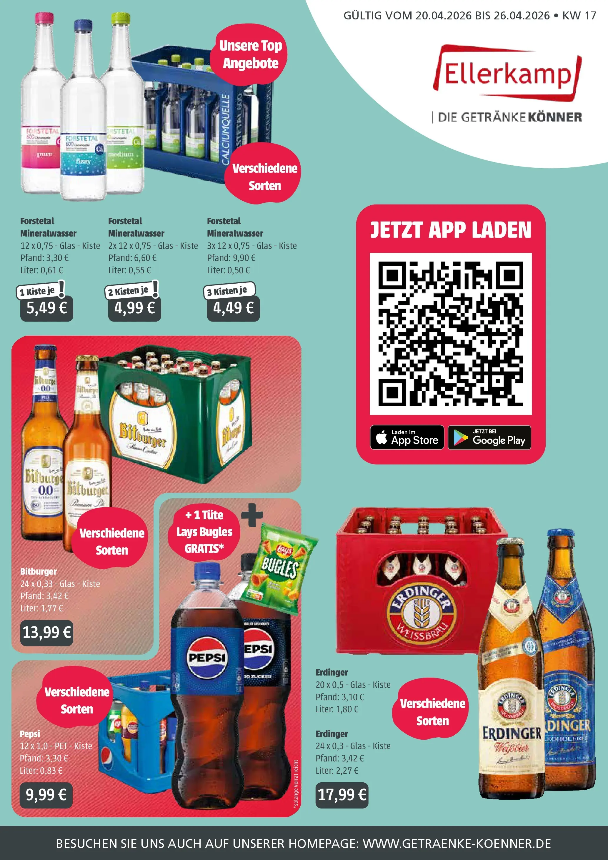 Angebote - Getränke Ellerkamp: Getränkeangebote (ab 19.04.2026) zum Blättern | Seite: 1 | Produkte: Bitburger, Erdinger, Weißbier, Pepsi
